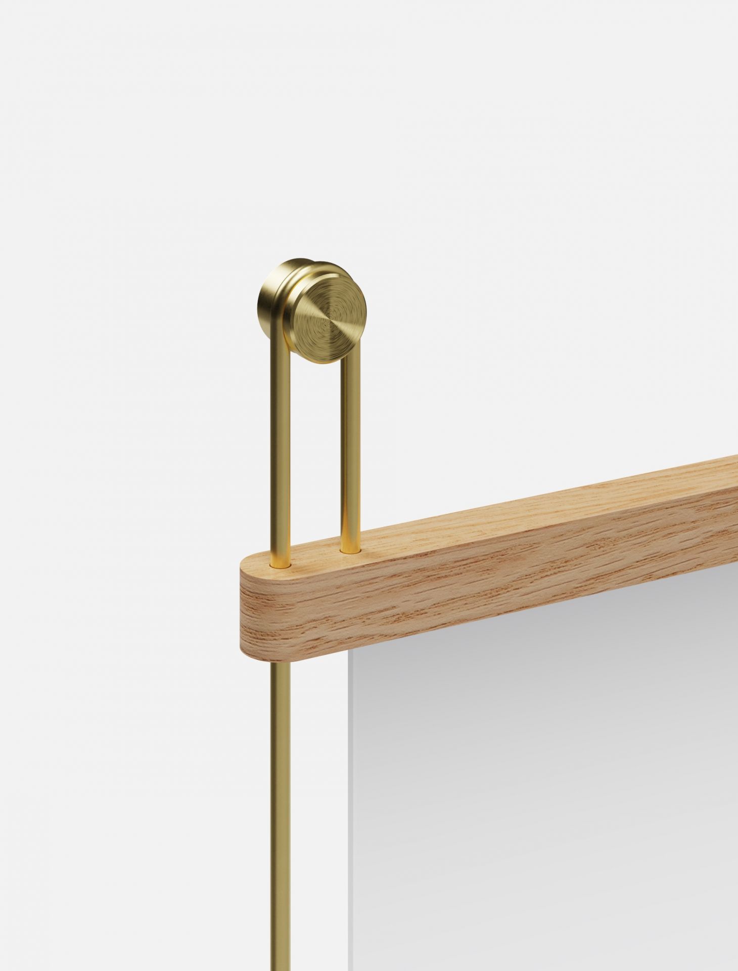 Detailaufnahme des Woud Suspended Mirror mit Holzrahmen und goldfarbenen Aufhängungselementen. Design Spiegel für moderne Einrichtung.