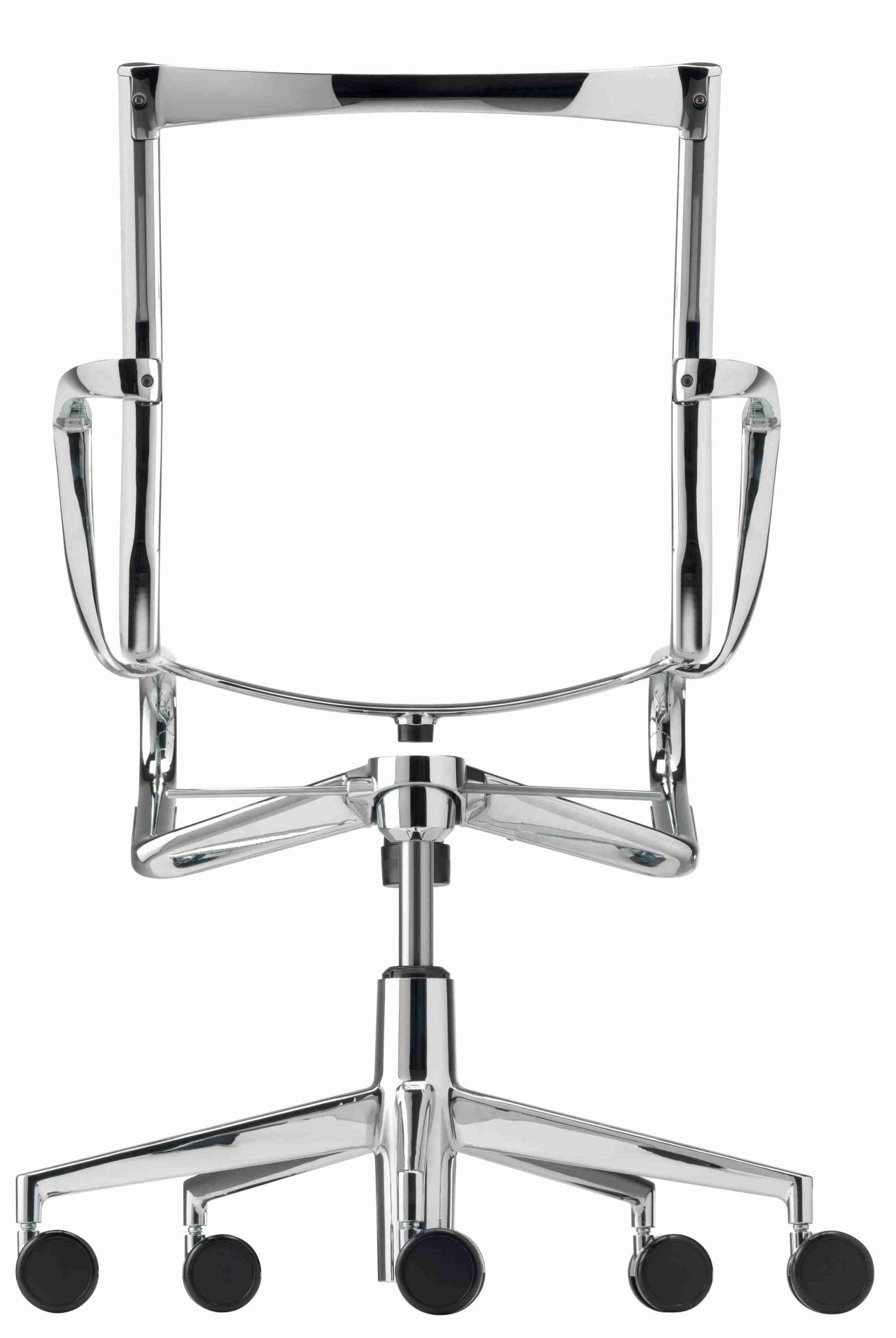 Rückansicht des Rollingframe Drehstuhls mit verchromtem Gestell und schwarzen Rollen für Büros und Arbeitszimmer.