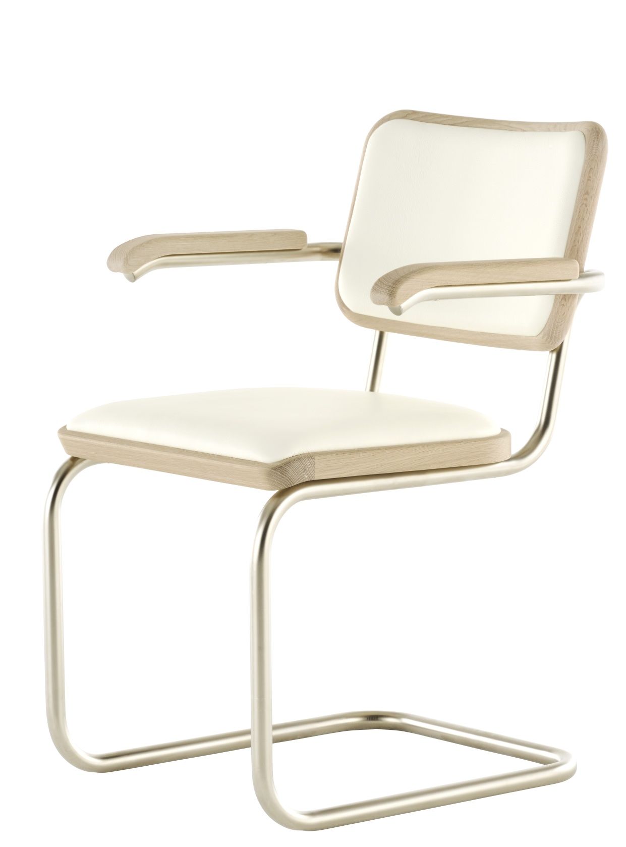 JS. Thonet S 64 P Freischwinger Stuhl mit Armlehnen, weißem Leder und verchromtem Stahlrohr Gestell.
