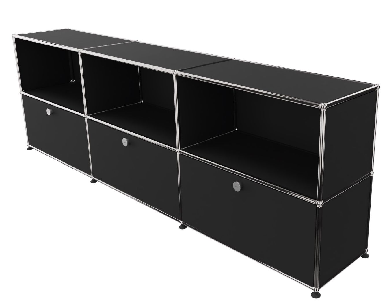 USM Haller Sideboard in Graphitschwarz mit drei offenen Fächern und drei Klappen.