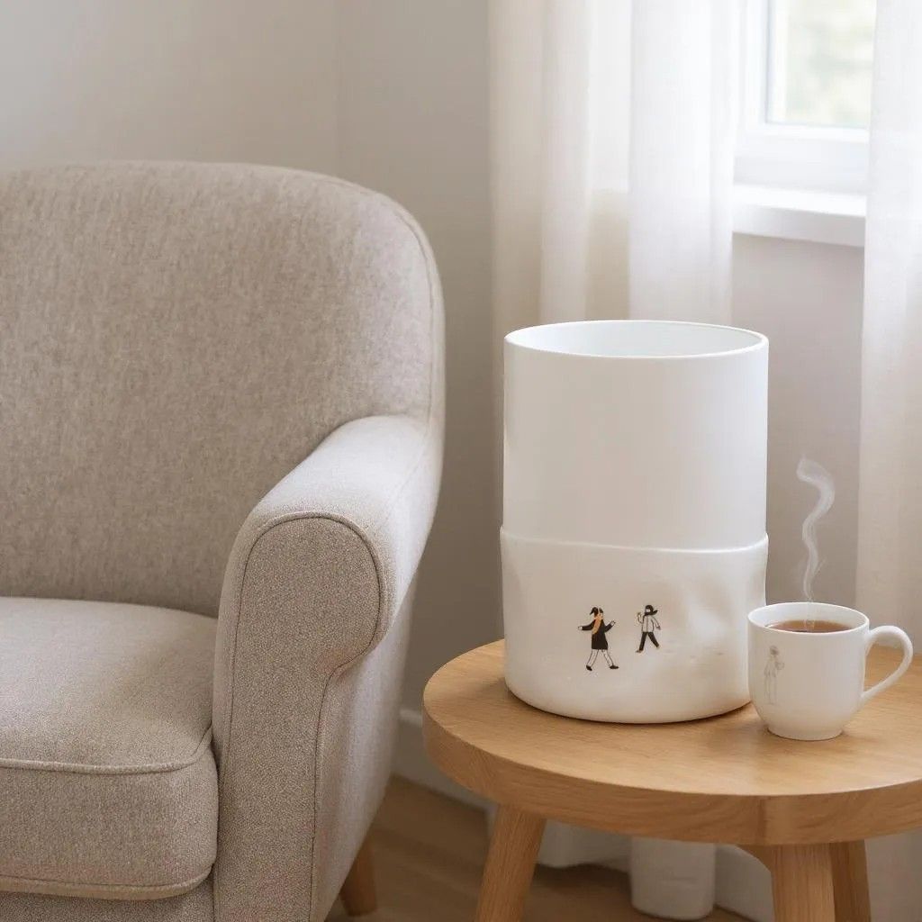 Weiße Schneetag Vase von Räder mit Schneeballschlacht-Motiv, auf Holztisch neben Sessel und Tasse.