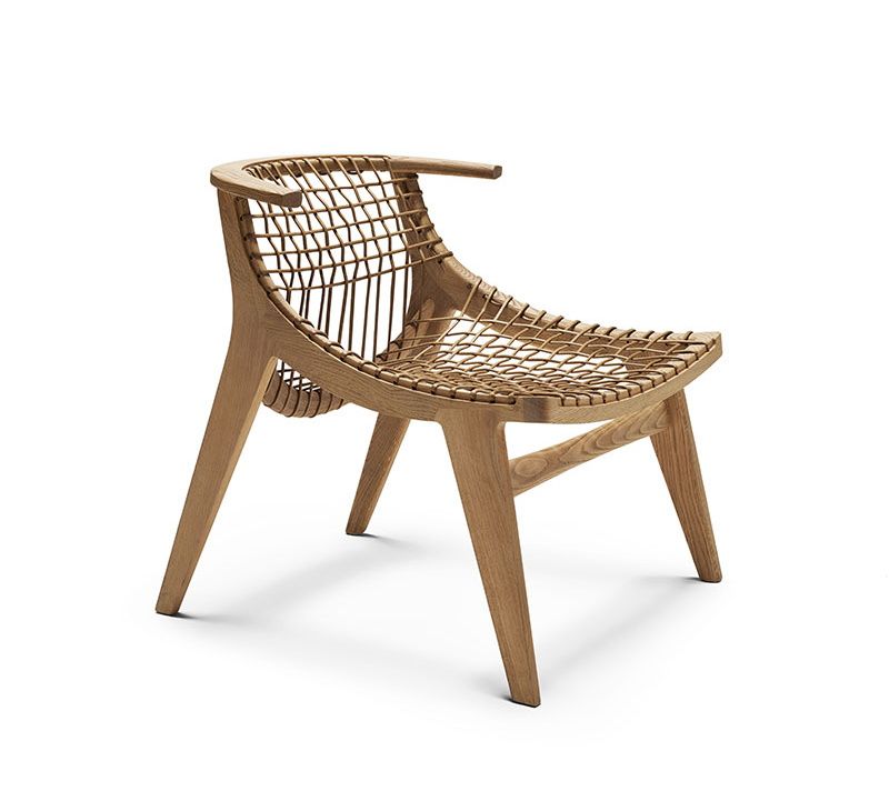 Klismos Lounge Sessel von Knoll International mit Holzrahmen und geflochtener Sitzfläche, Designmöbel.
