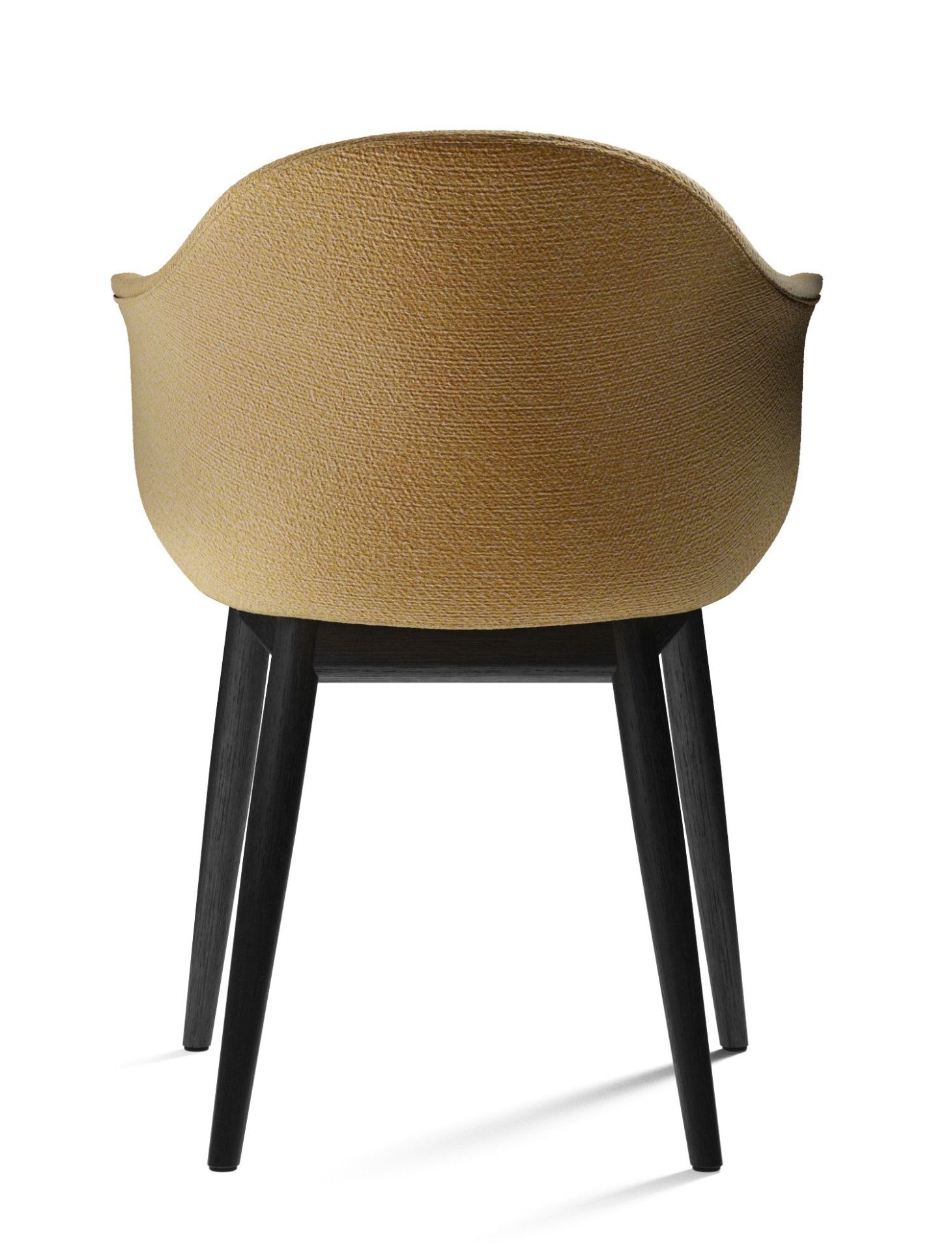 Rückansicht des Harbour Dining Chair Stuhls von Audo Copenhagen mit gelbem Stoffbezug und schwarzen Holzbeinen.