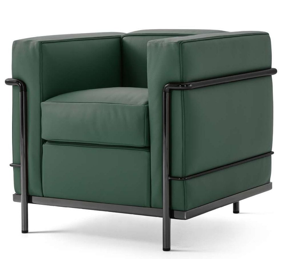 Cassina Grand Confort Sessel Petit Modèle in Grün mit schwarzem Stahlrohrgestell, modernes Design.