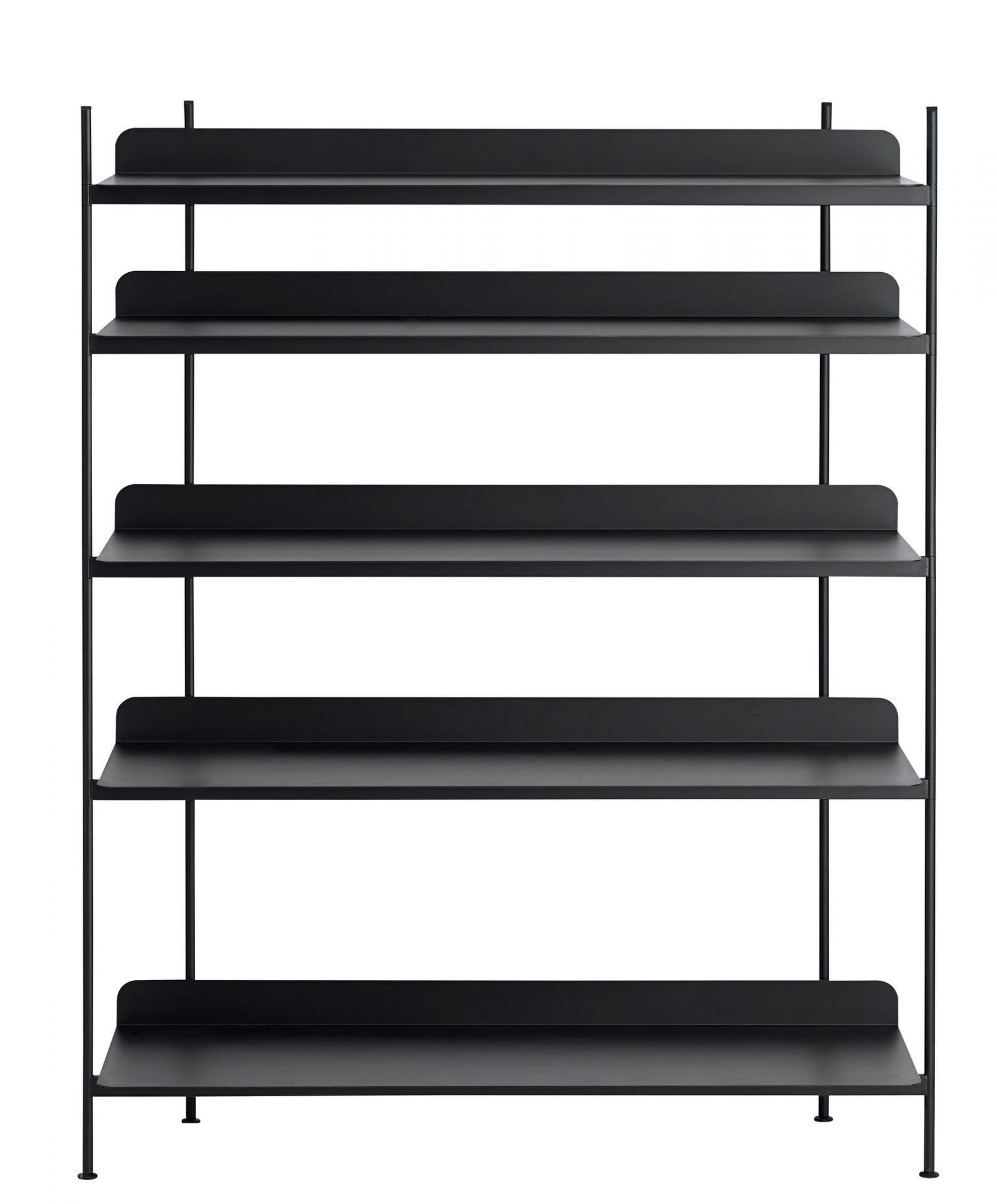 Schwarzes Compile Regalsystem von Muuto mit fünf Regalböden und minimalistischem Design für moderne Wohnräume.