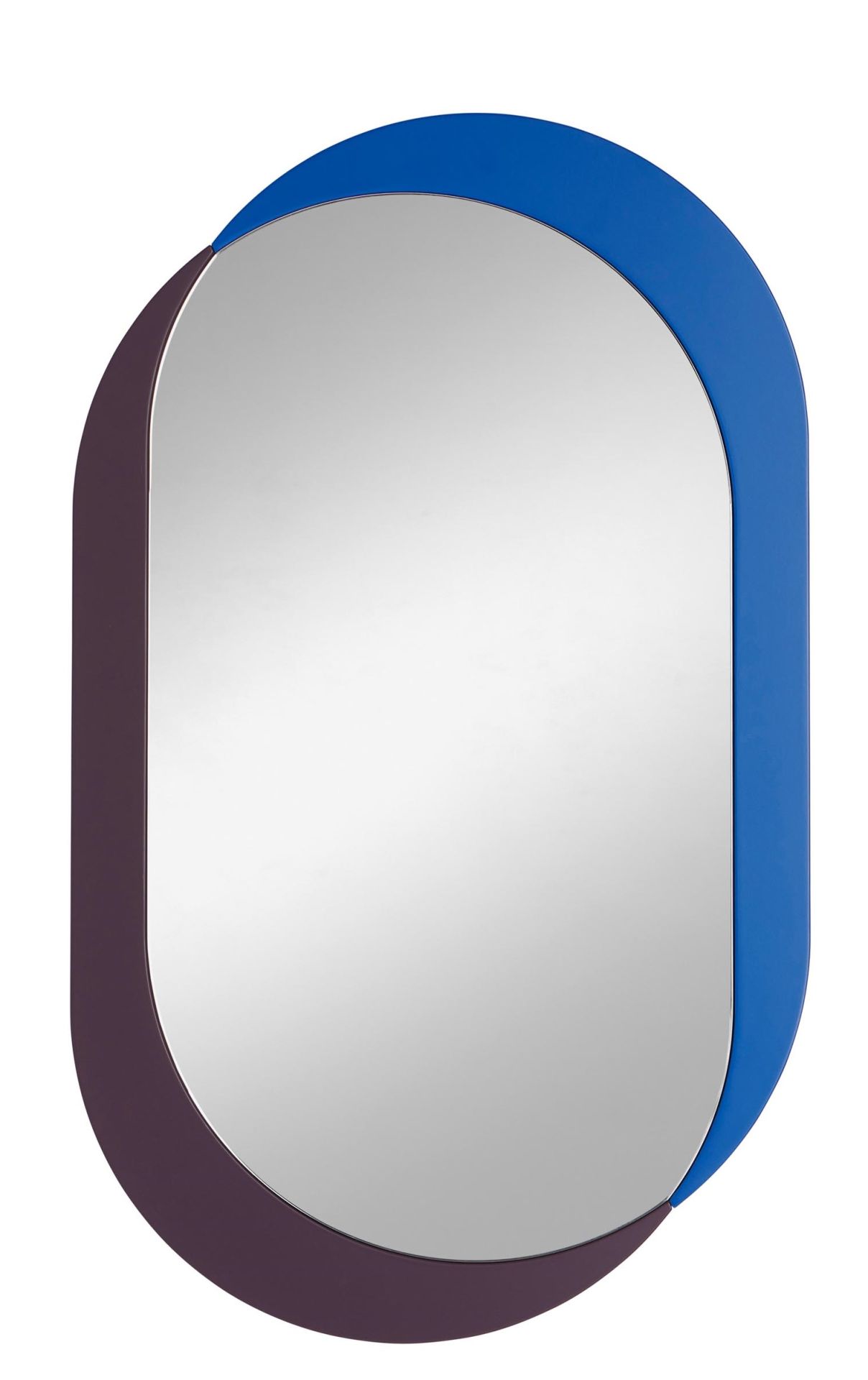 Kimo Wandspiegel M von Schönbuch mit blauem und auberginefarbenem Rahmen, modernes Design für Flur und Wohnraum.