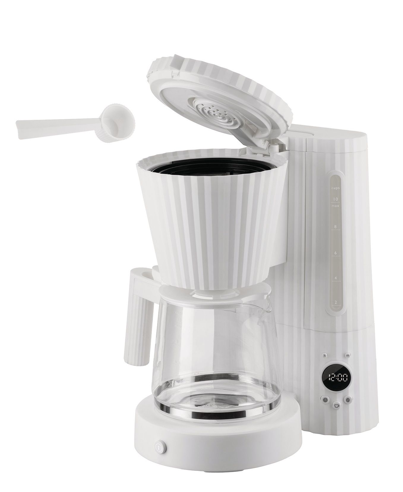 Weiße Alessi MDL14 Plissé Filterkaffeemaschine mit Glaskanne und Dosierlöffel, modernes Design für köstlichen Filterkaffee.