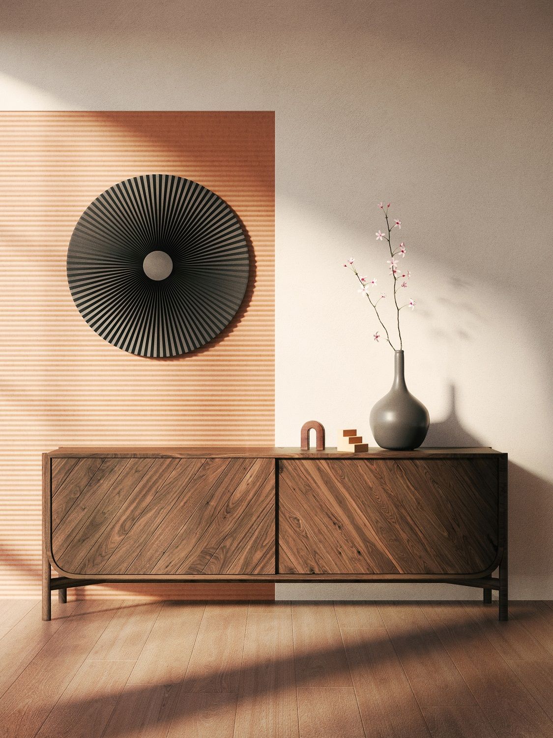 Carmen Wandleuchte 90 cm Hart, runde Design-Wandlampe in Schwarz über Sideboard im Wohnzimmer.