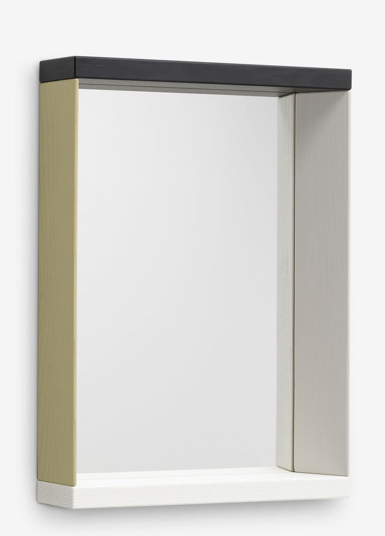 Vitra Colour Frame Spiegel mit farbigem Holzrahmen und Ablage in Weiß, Schwarz, Beige.