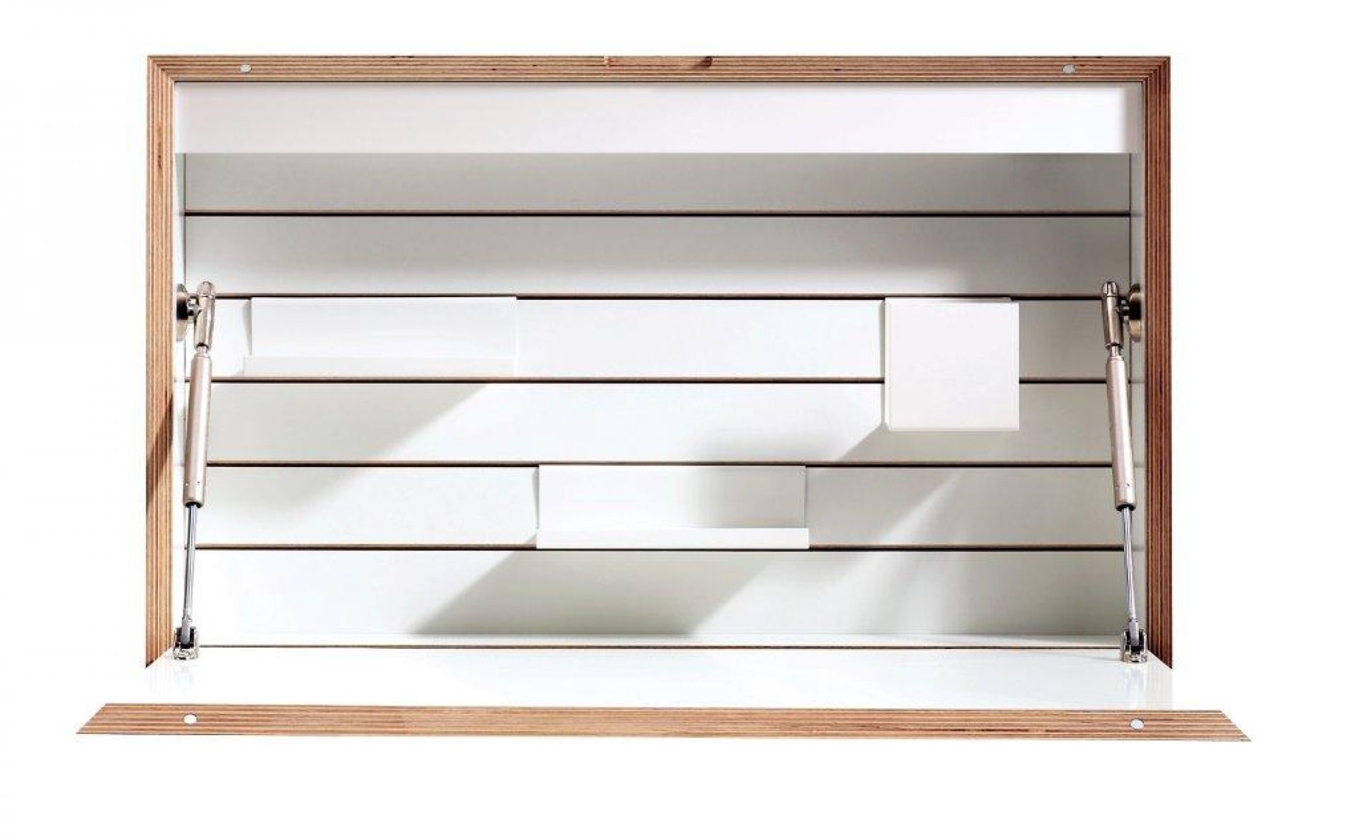 Flatbox Sekretär von Müller Möbelwerkstätten, weiße Schreibfläche mit Holzrahmen, geöffnet, moderne Büromöbel für kleine Räume.