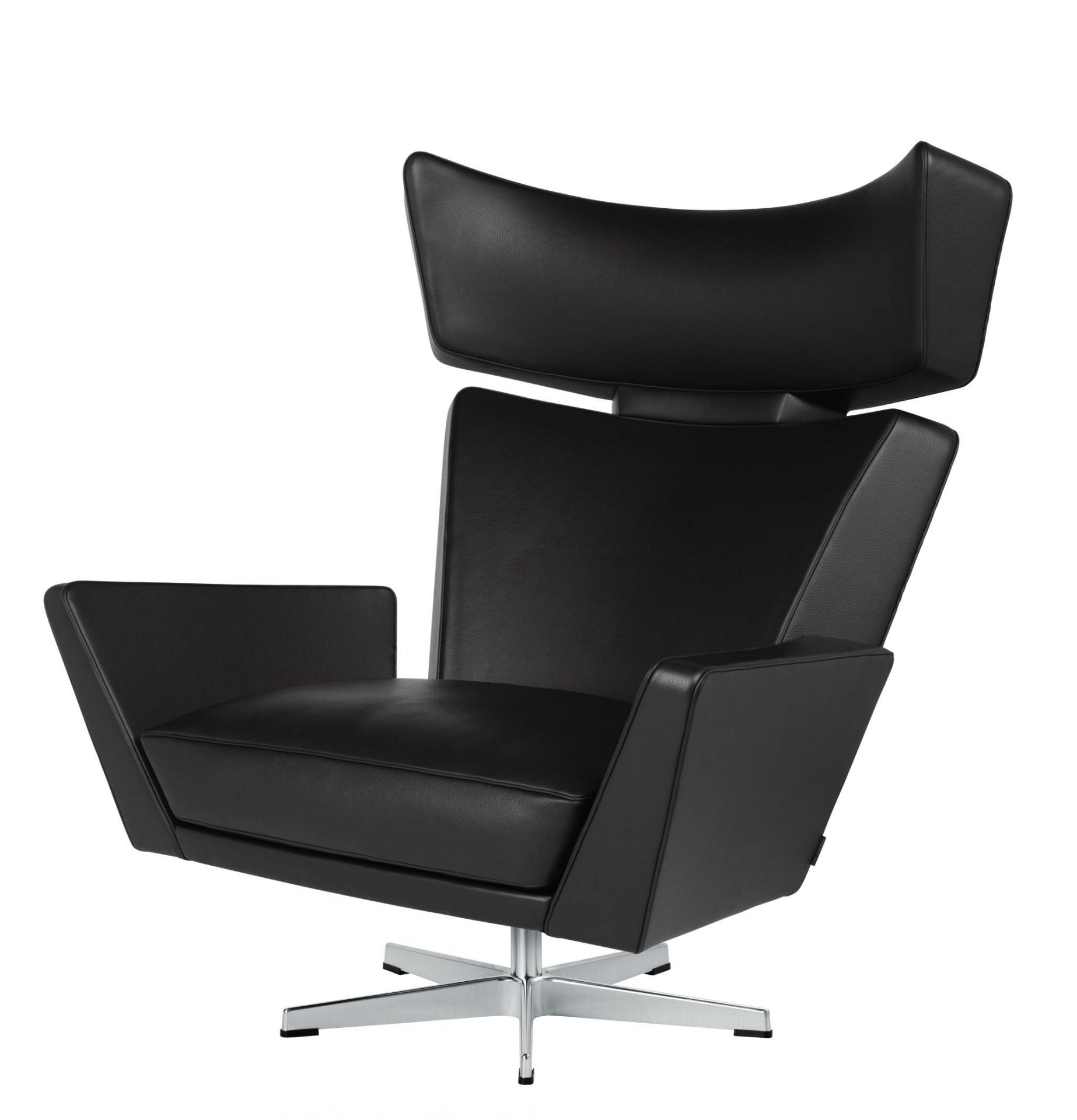 Oksen Sessel von Fritz Hansen, schwarzer Ledersessel mit hoher Rückenlehne und Drehfuß aus Chrom.