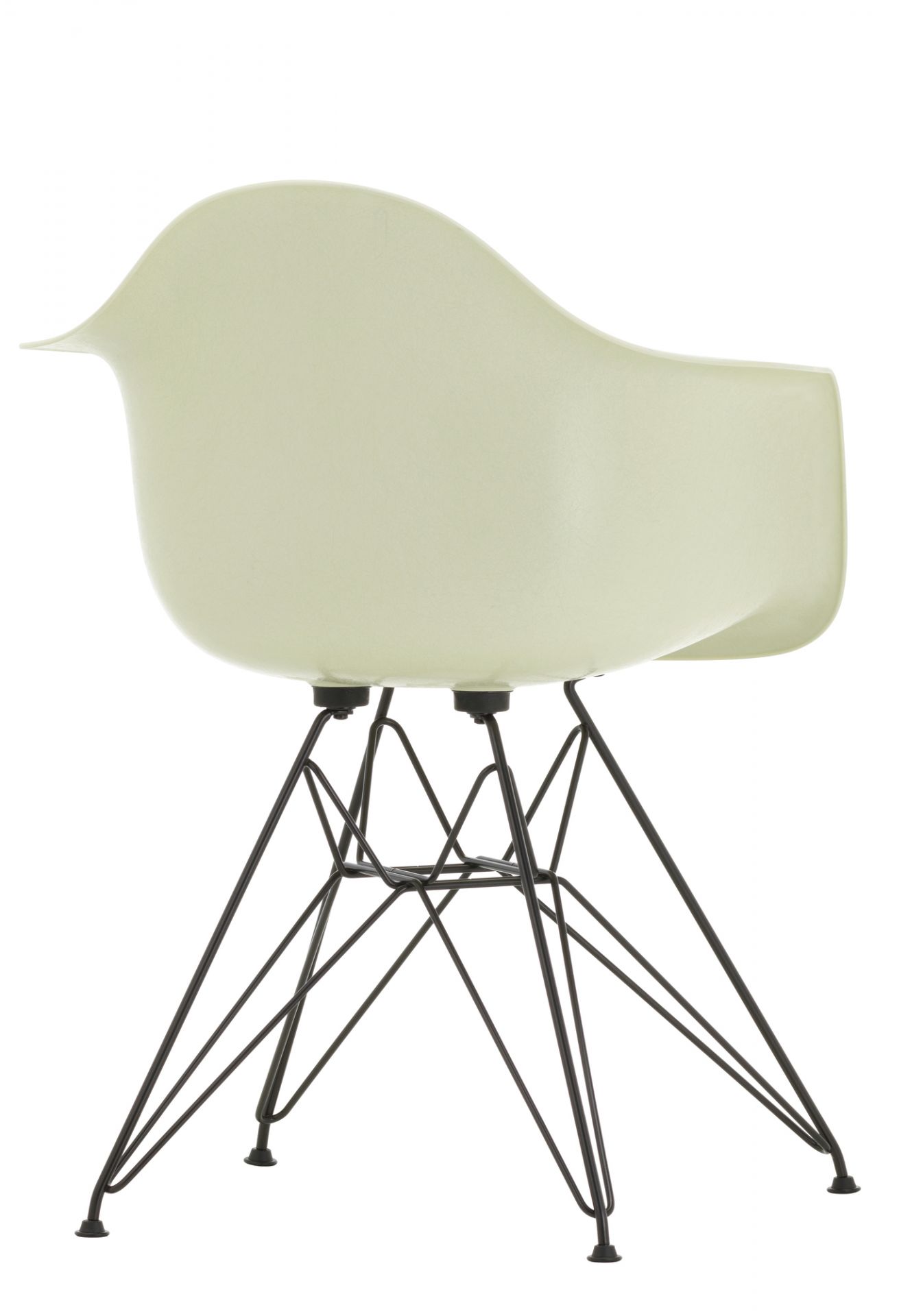 Eames Fiberglass Arm Chair DAR Stuhl von Vitra in hellem Grün mit schwarzem Metallgestell.