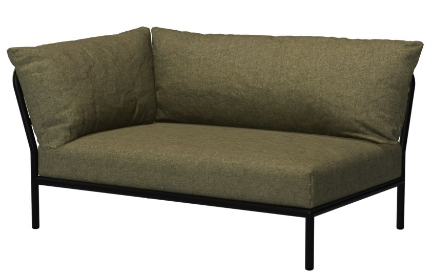 Houe Level 2 Outdoor Sofa Ecke links, modernes Gartensofa mit olivgrünen Kissen und dunklem Metallgestell.