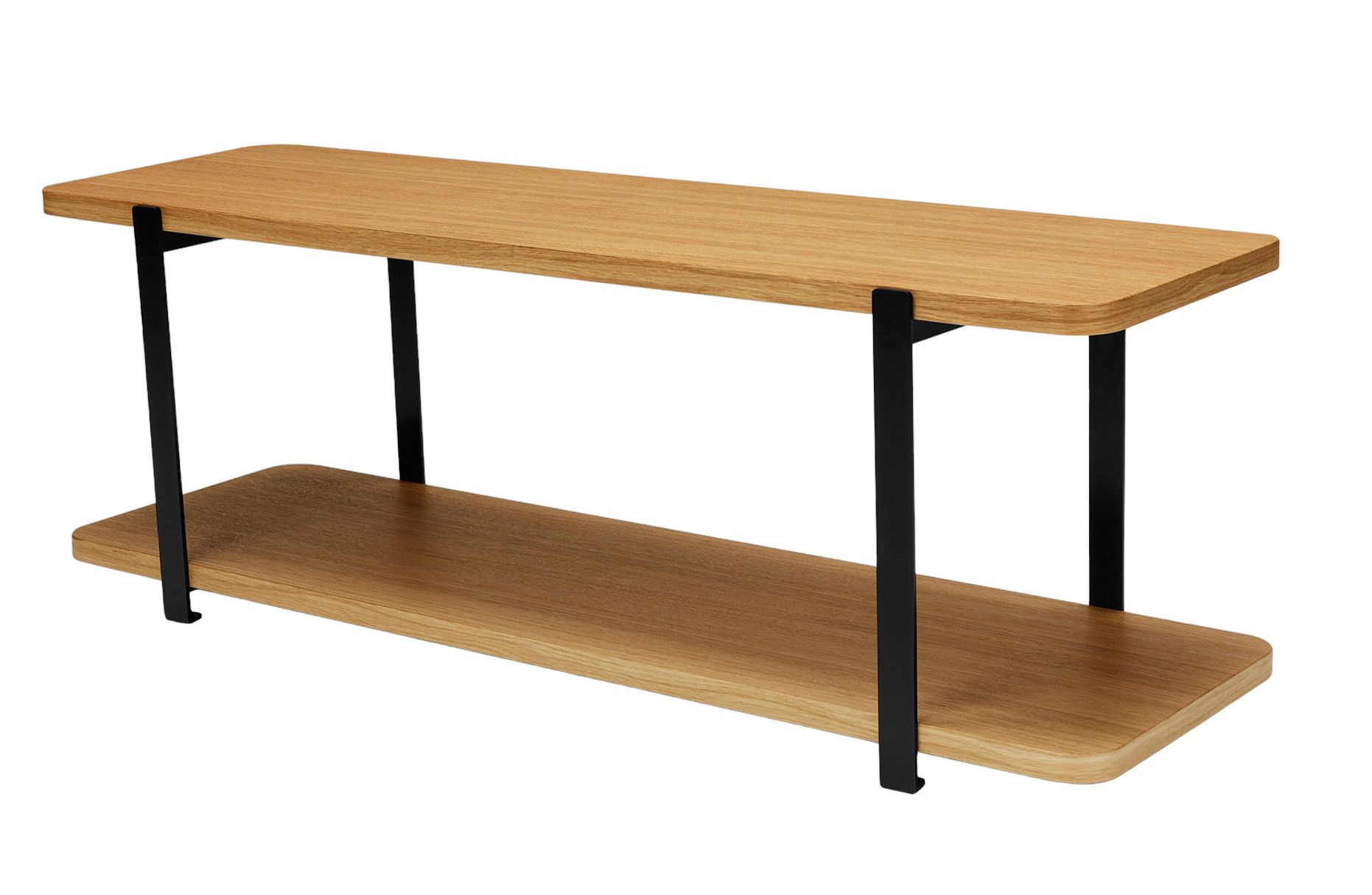 Seatlife ed design Sofa: Modernes Holzsofa mit Ablagefläche und schwarzen Metallbeinen.