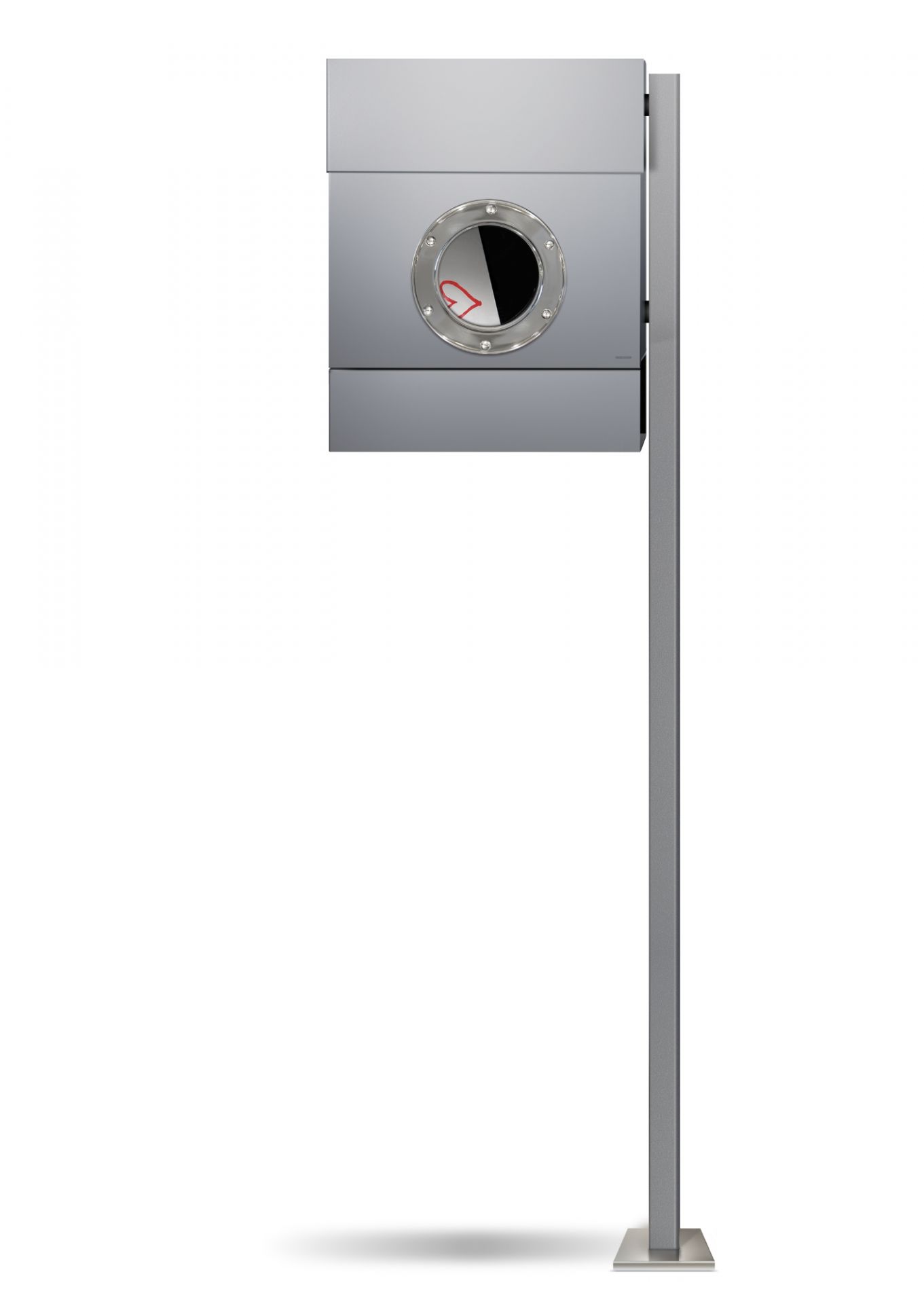 Letterman II Briefkasten Radius mit Ständer in Edelstahloptik, modernes Design mit rundem Sichtfenster.