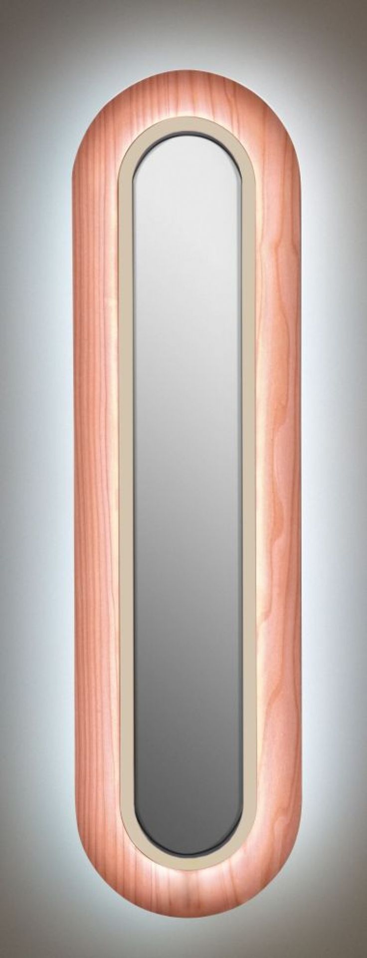 Lens LED Wandleuchte von LZF Lamps, oval, hellrosa Holz mit elfenbeinweißem Metallring.