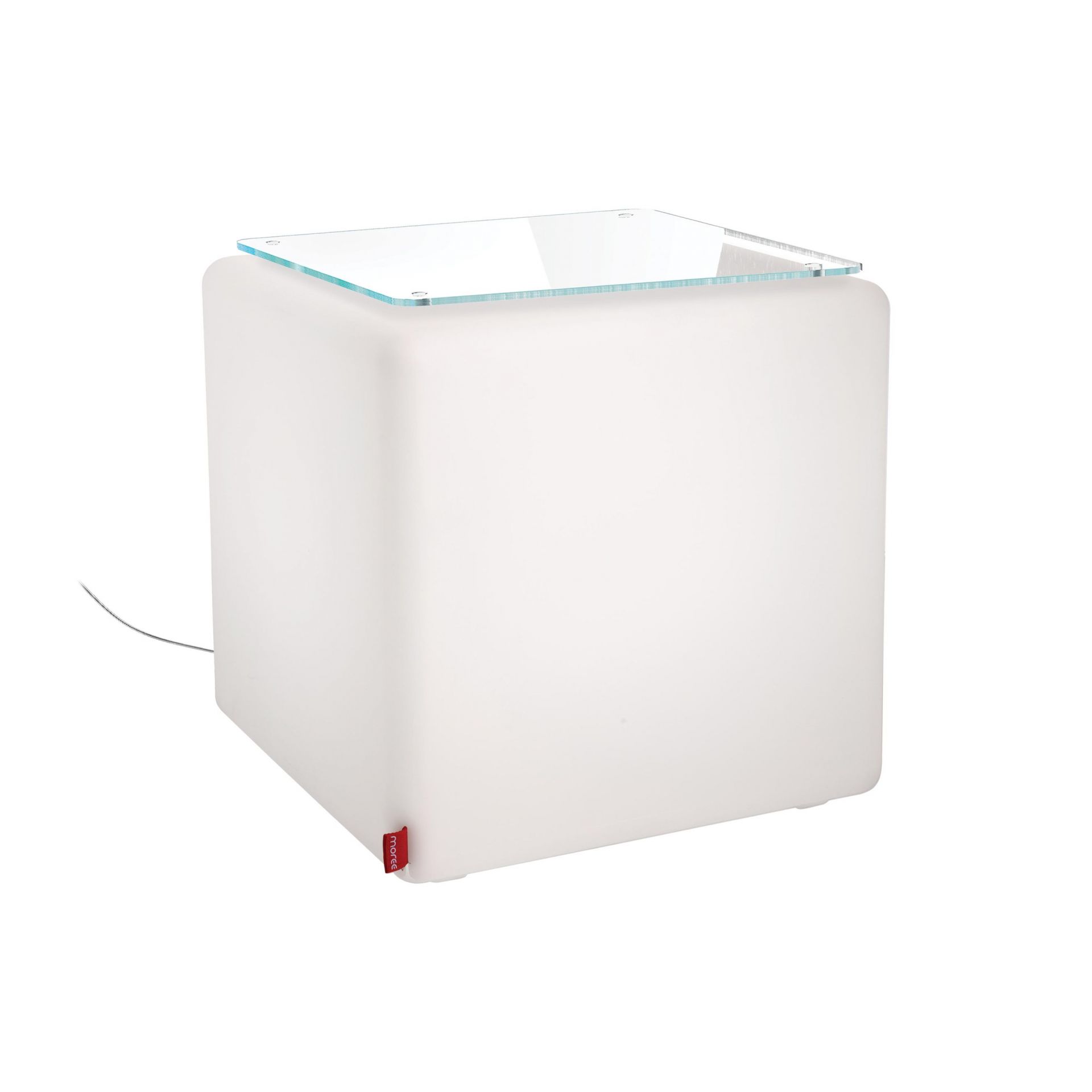 CUBE Hocker von Moree, weißer Korpus mit Glasplatte, ideal als Beistelltisch und Sitzgelegenheit.