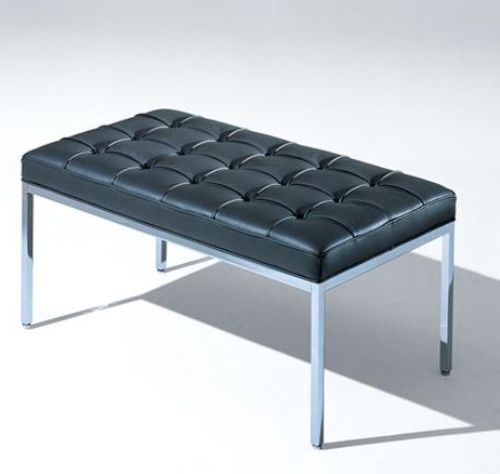 Relax Florence Bank von Knoll International, rechteckige Sitzbank mit schwarzem Lederbezug und verchromtem Stahlgestell.