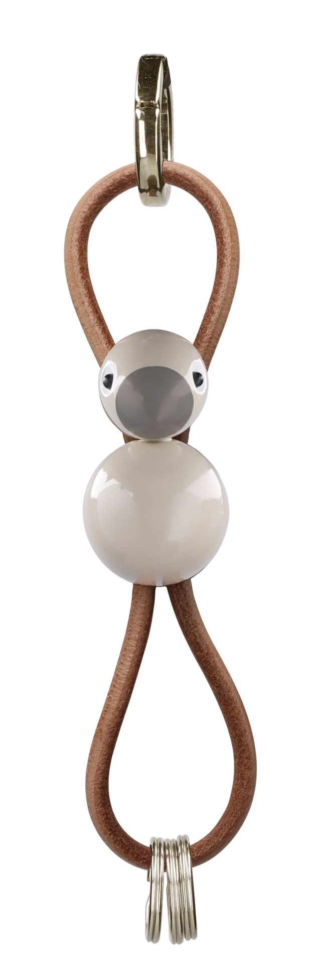 Sleutelhanger met vogelmotief in beige goudkleurig metaal met natuurlijk leer Kay Bojesen