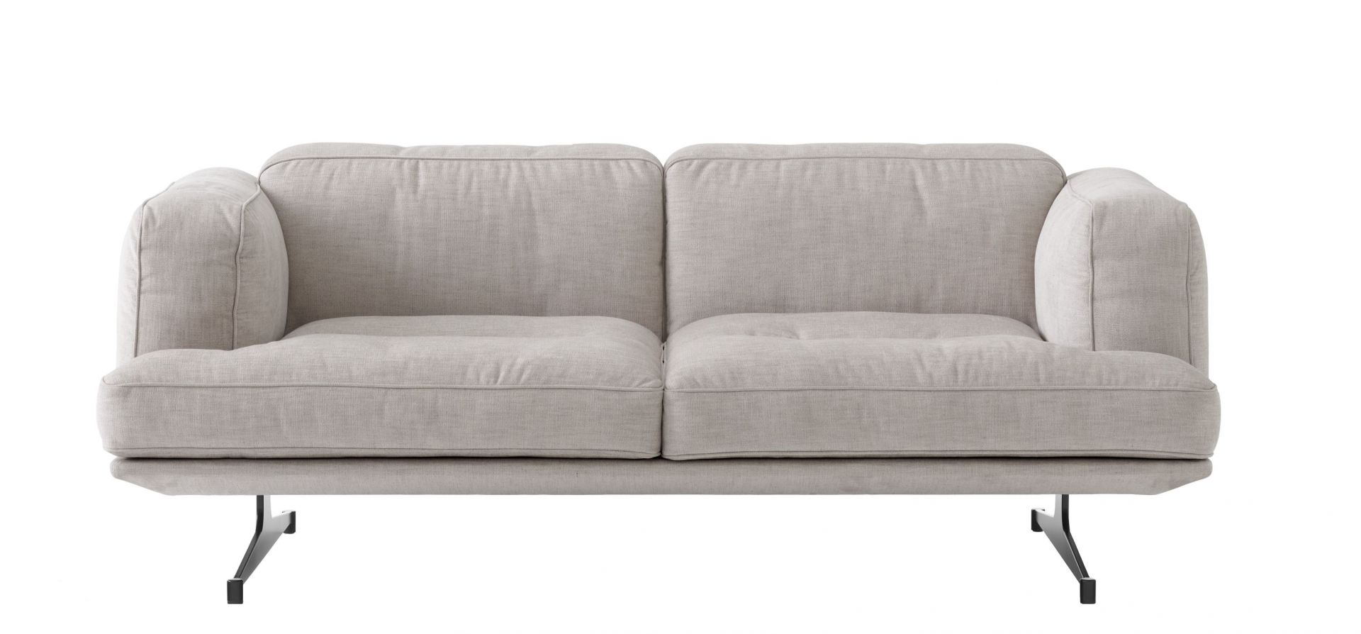 AndTradition Inland AV22 Sofa, modernes 2-Sitzer Sofa mit hellgrauem Stoffbezug und schwarzen Metallfüßen.