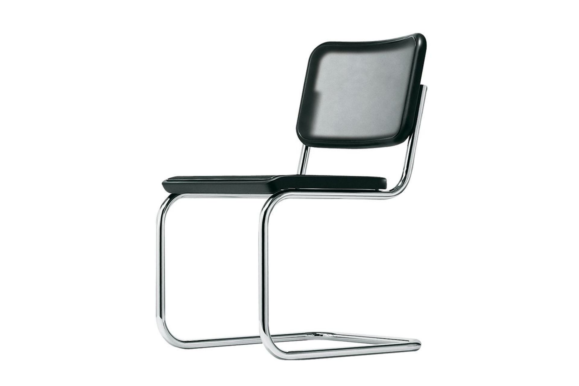 S 32 N Thonet Freischwinger Stuhl mit Stahlrohrgestell und schwarzer Sitzfläche, ein Designklassiker.