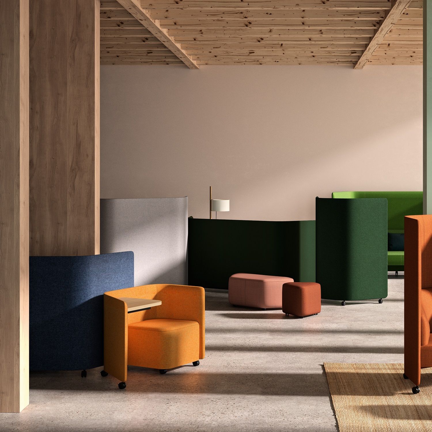 In Out Office Panel Lounge Stuhl BU2268 von Andreu World mit integriertem Schreibtisch.