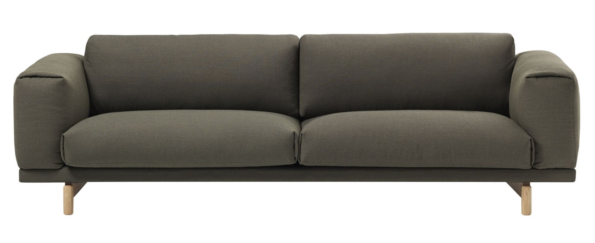 Muuto Rest Sofa, graubraunes 3-Sitzer Sofa mit Stoffbezug und Holzfüßen für modernes Wohnzimmer.