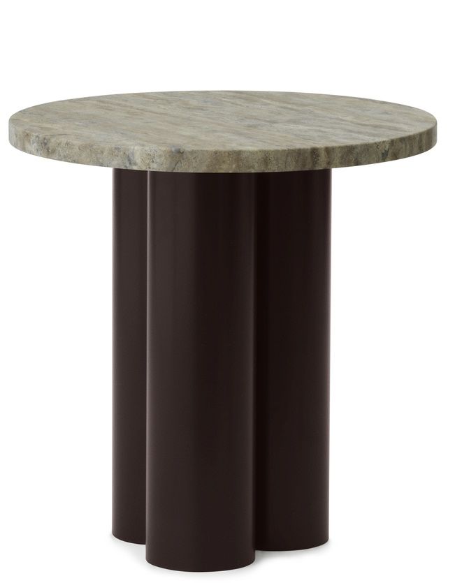 Normann Copenhagen Dit Coffee Table Beistelltisch mit runder Marmorplatte und dunkelbraunem, zylindrischem Untergestell.