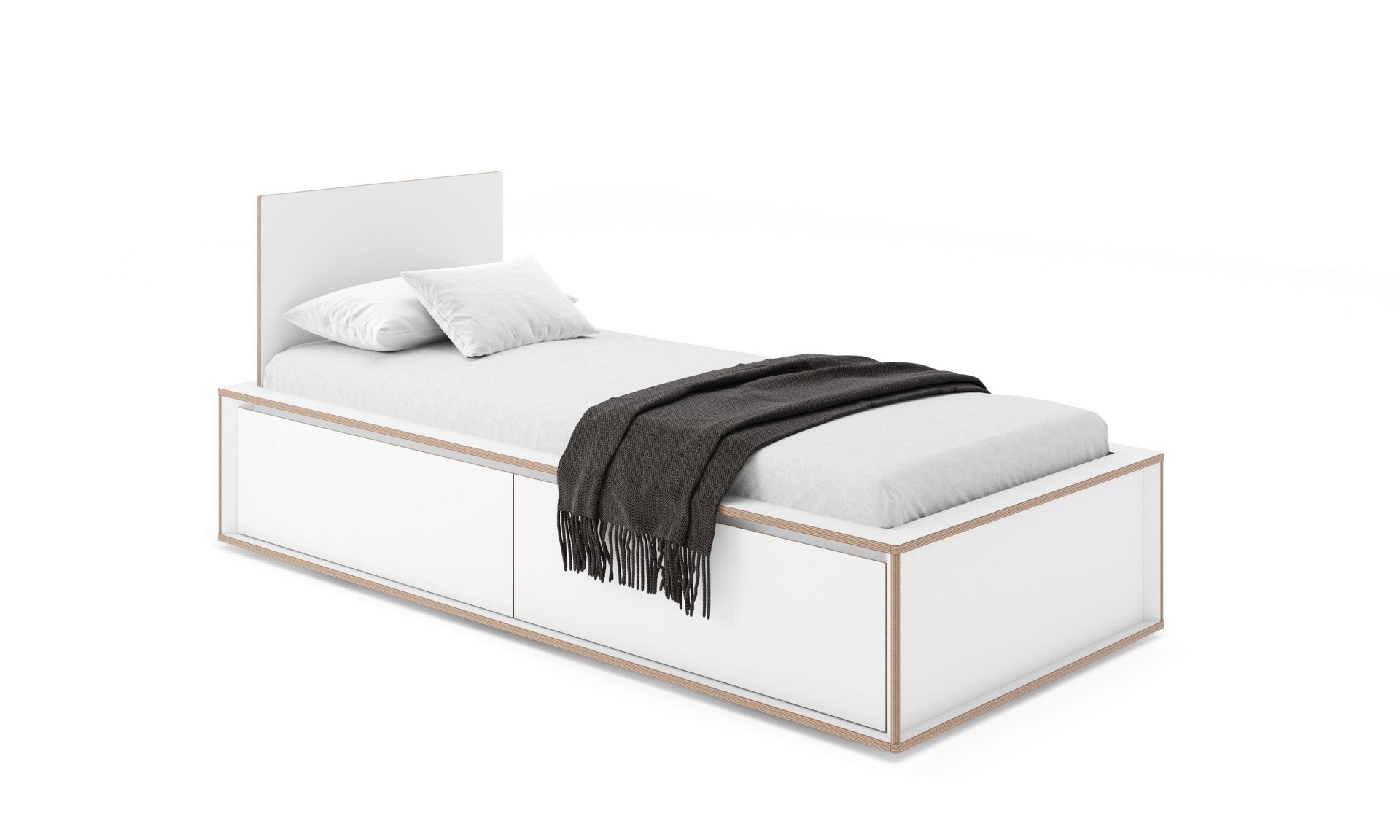 Spaze Bett von Müller Möbelwerkstätten mit Schubladen, weiß, mit Decke und Kissen.