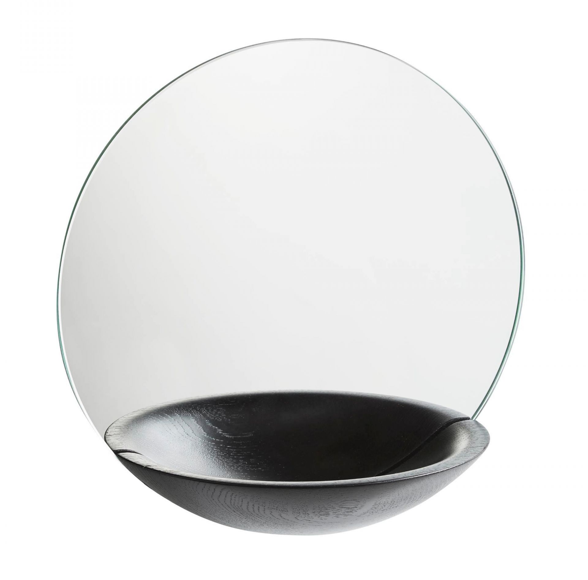 Pocket Mirror Wandspiegel: Runder Spiegel mit schwarzer Holzschale, modernes Design für Badezimmer und Flur.