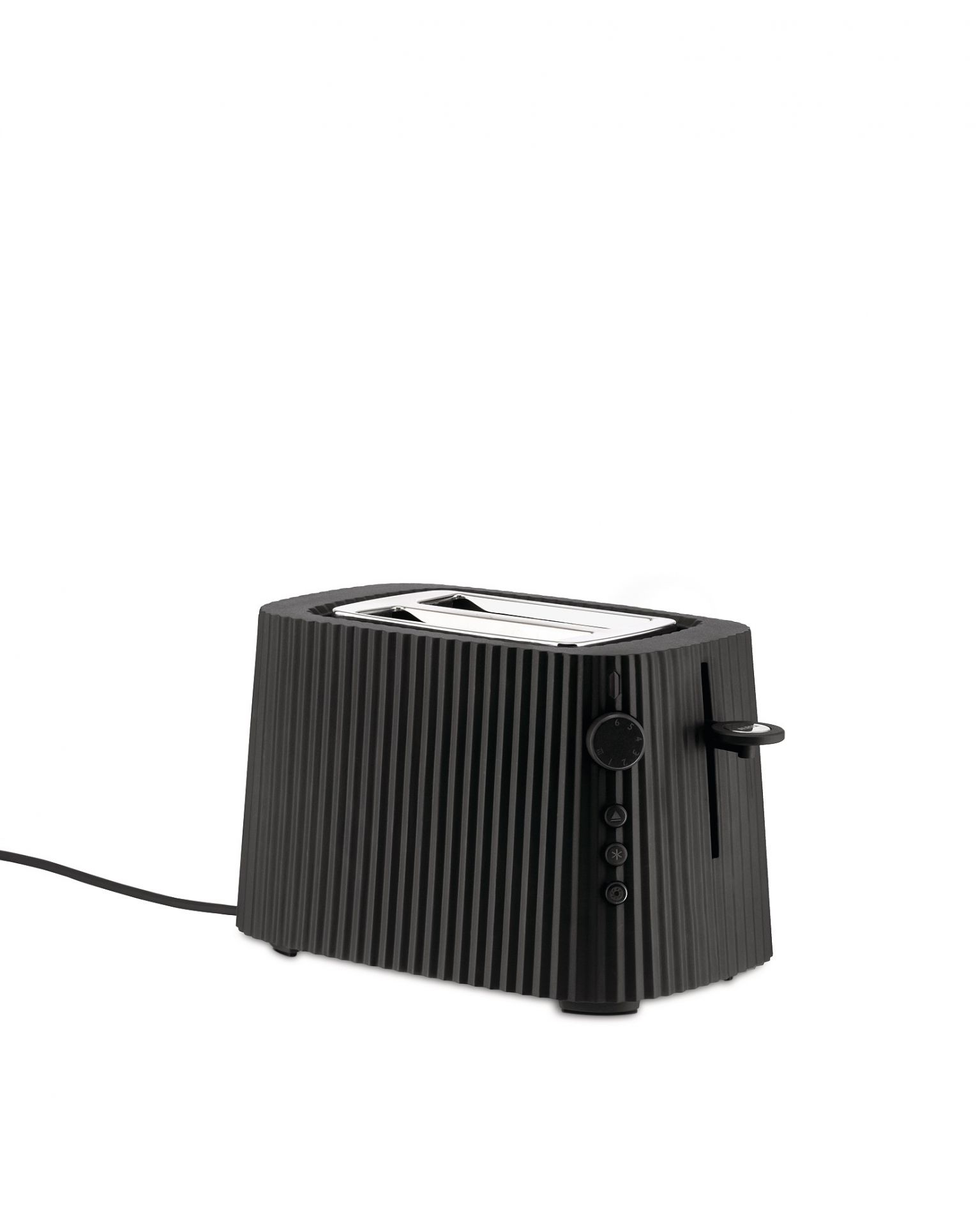 Schwarzer Alessi Plissé Toaster mit Rillenstruktur. Modernes Design für die Küche. Küchengerät zum Toasten.