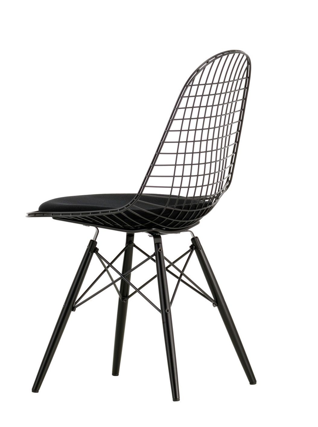 Schwarzer DKW Wire Chair Stuhl von Vitra mit schwarzem Sitzkissen, Drahtgeflecht und Stahlrohrgestell.