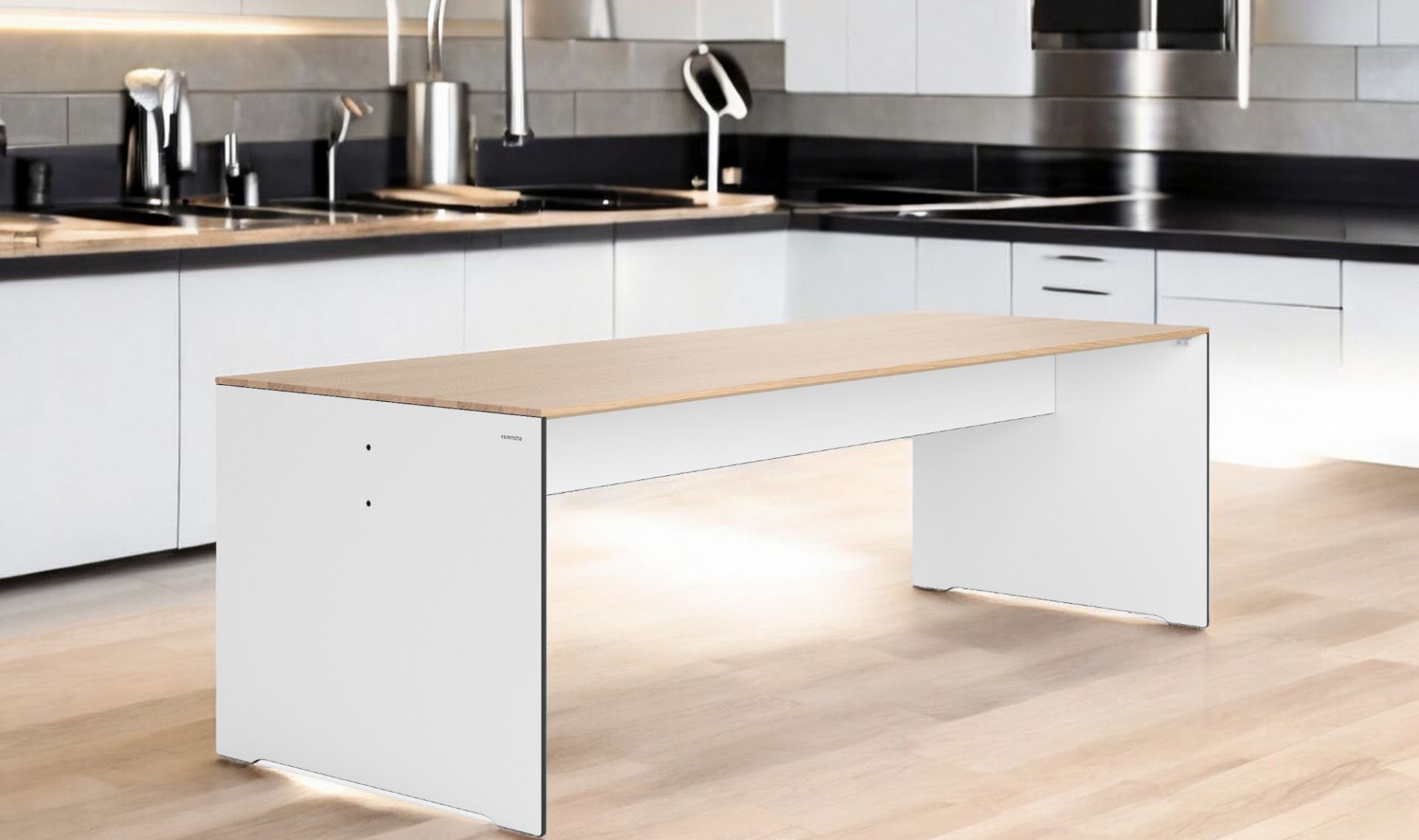 Riva Tisch von Conmoto: Moderner Esstisch oder Küchentisch mit heller Holzplatte und weißen Beinen.