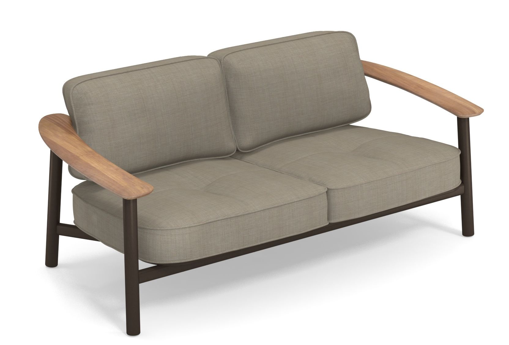 Emu Twins Outdoor Sofa, modernes 2-Sitzer Gartensofa mit braunem Gestell und hellbraunen Polstern.