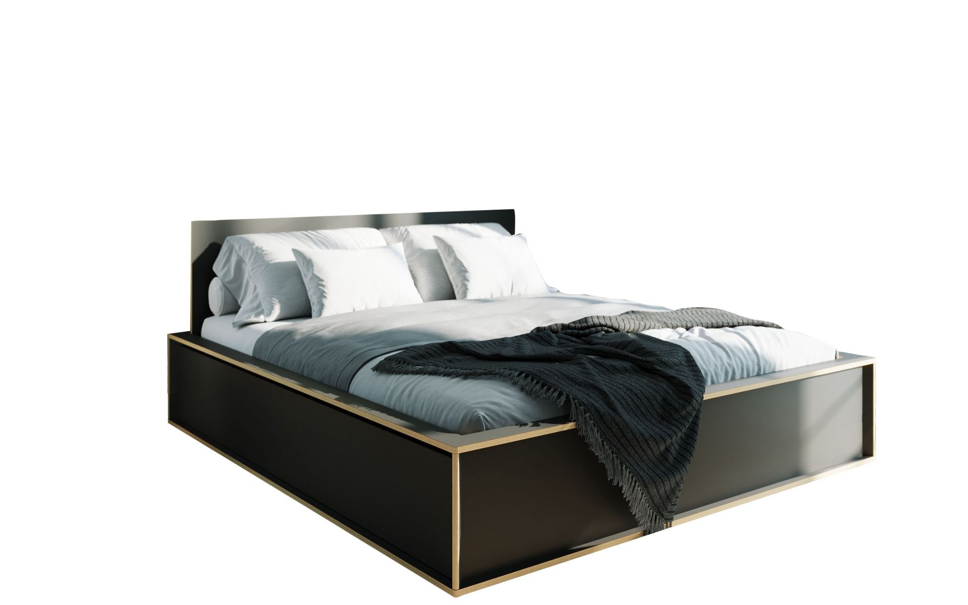 Spaze Bett von Müller Möbelwerkstätten mit dunklem Rahmen, heller Bettwäsche und grauer Tagesdecke.