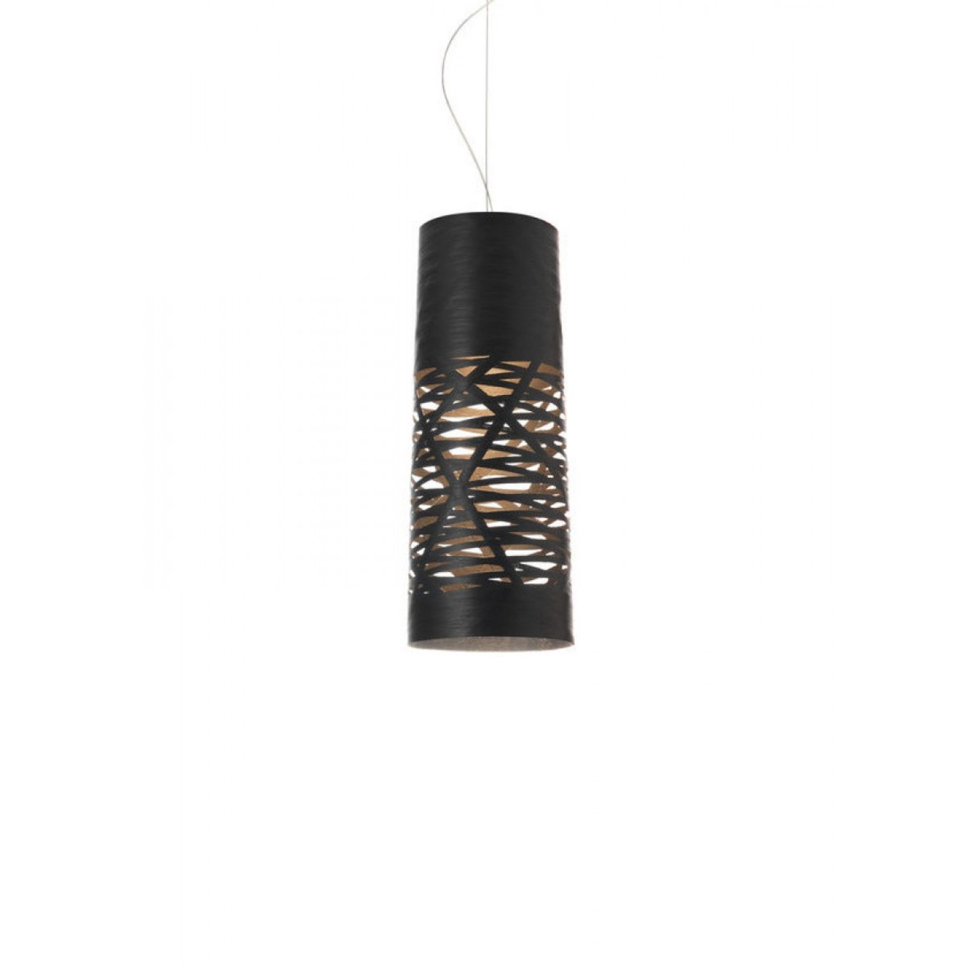 Schwarze Tress Piccola Pendelleuchte von Foscarini mit zylindrischem Lampenschirm und filigranen, horizontalen Aussparungen.