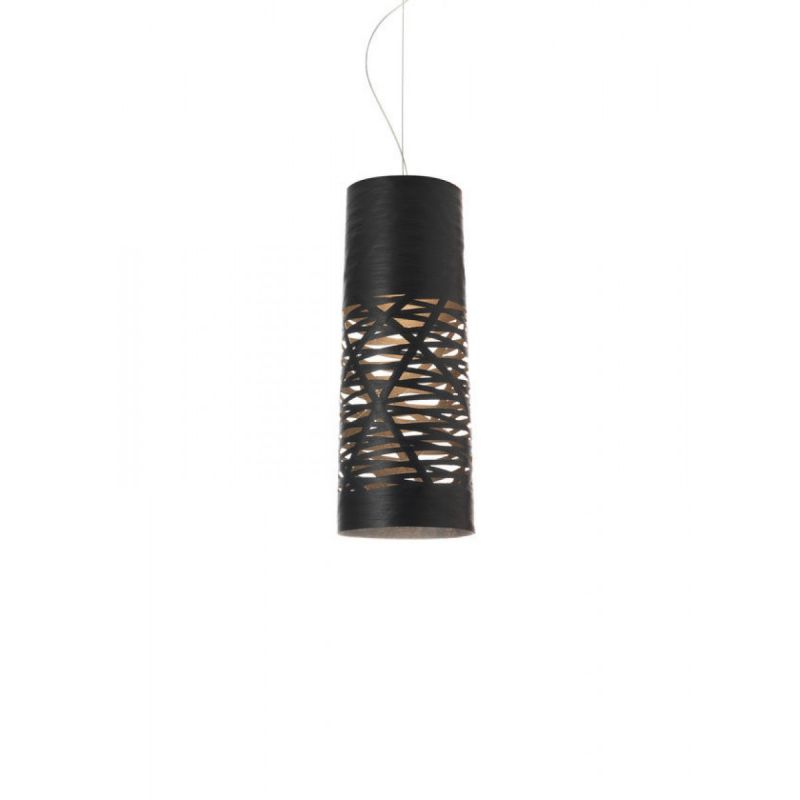 Schwarze Tress Piccola Pendelleuchte von Foscarini mit zylindrischem Lampenschirm und filigranen, horizontalen Aussparungen.