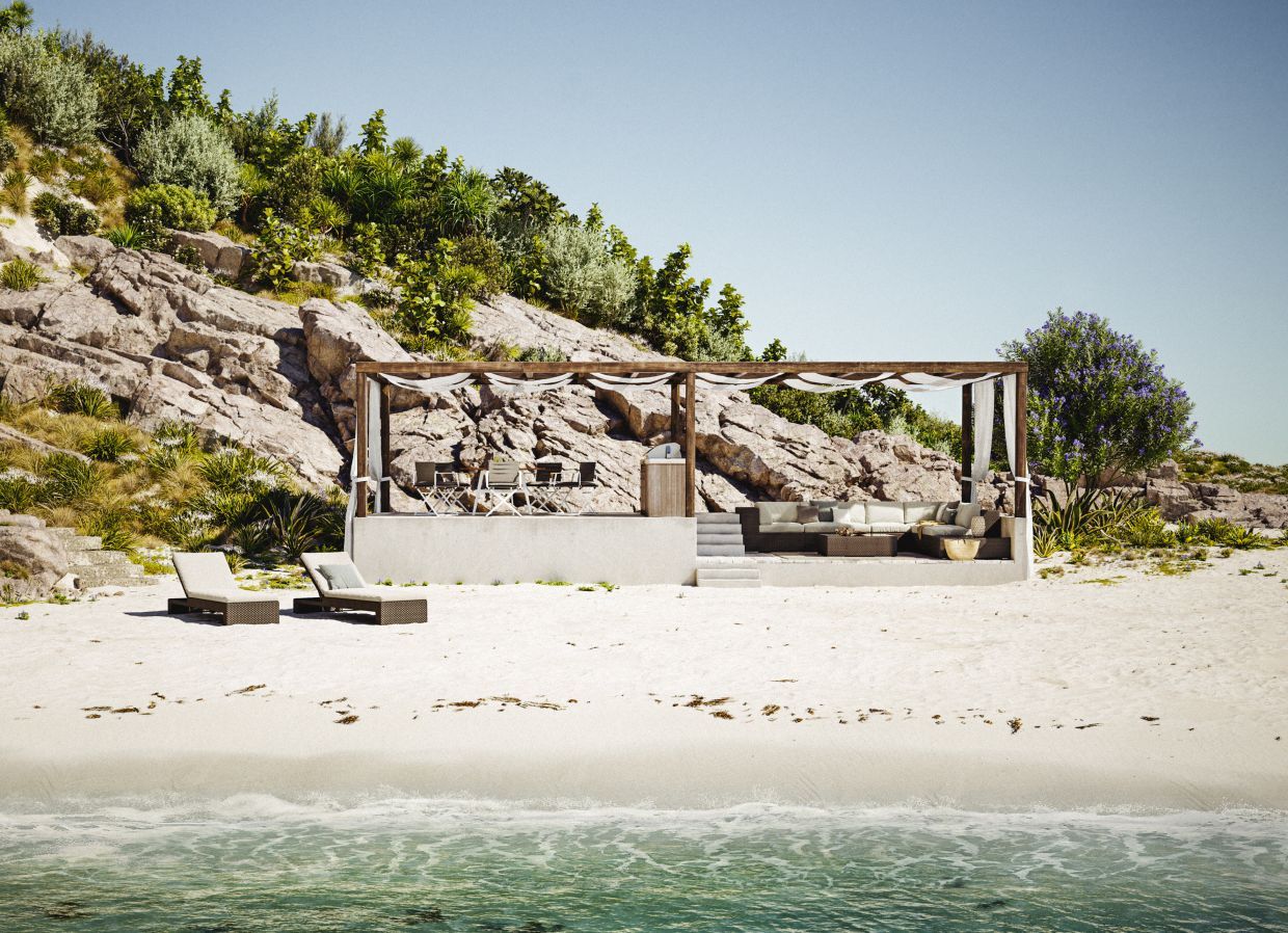 Dedon Sonnenliege mit Polster auf Sandstrand vor Lounge-Bereich mit Outdoor-Möbeln und Meer.