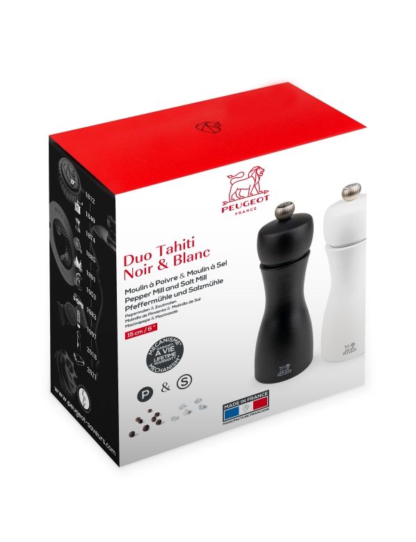 Peugeot Tahiti Duo: Schwarze Pfeffermühle und weiße Salzmühle im Set, auf Produktverpackung.