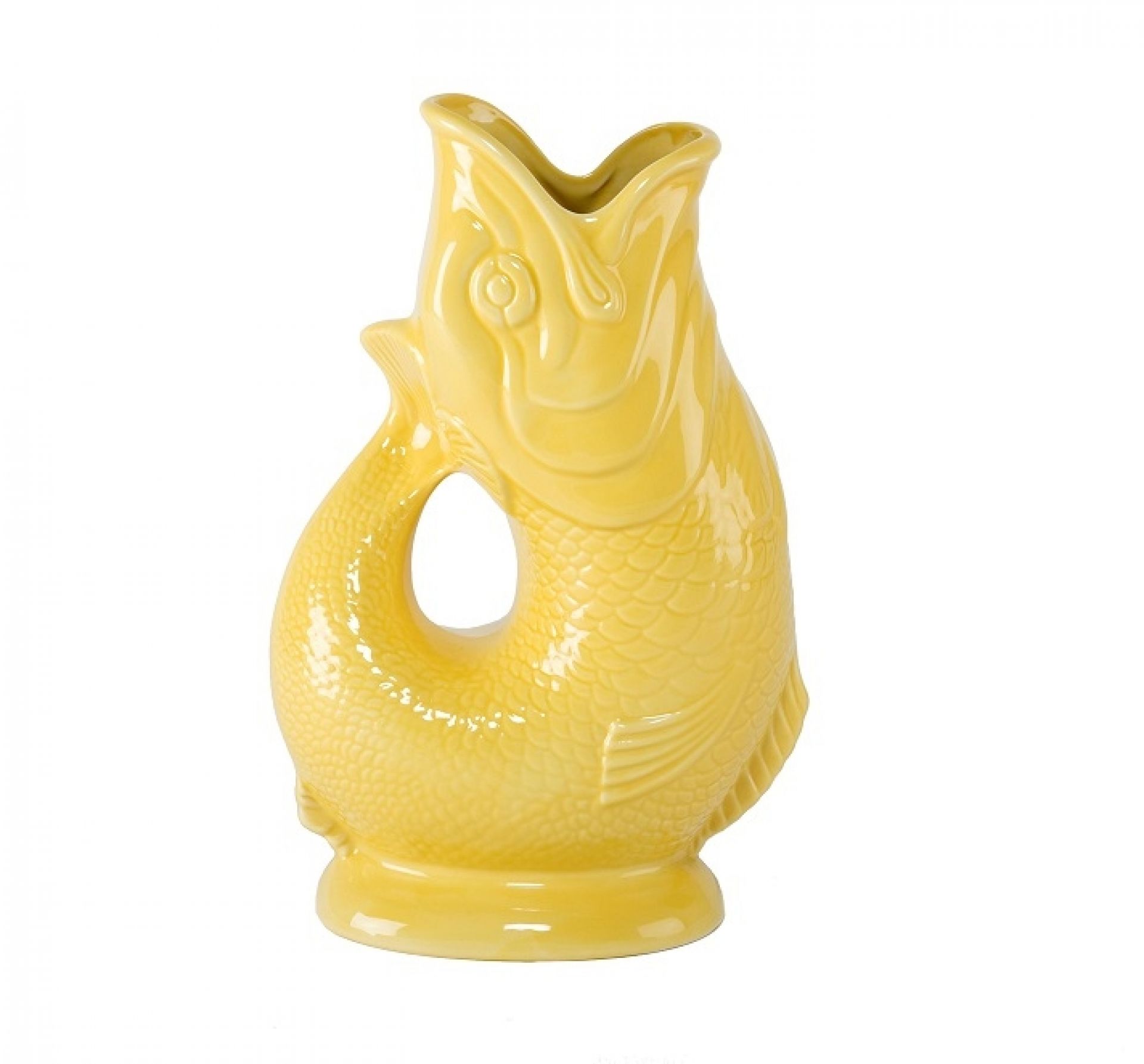 Gelbe Gluckigluck Fischkaraffe XL aus Keramik, detailreiche Fischform, ideal als Vase oder Wasserkaraffe.