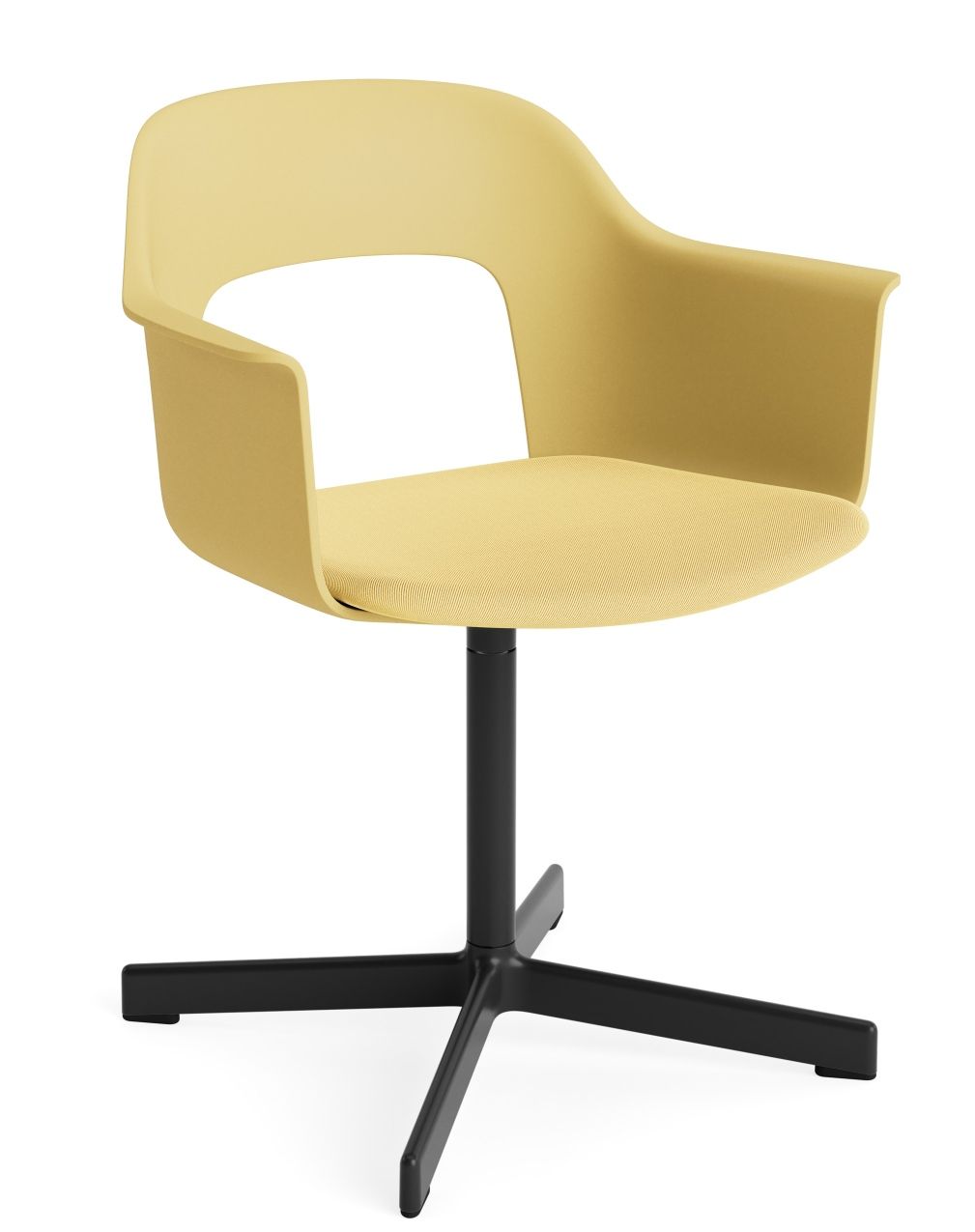 Gelber Layout Armchair von Hay mit Armlehnen und schwarzem Drehfuß für Büro und Wohnzimmer.