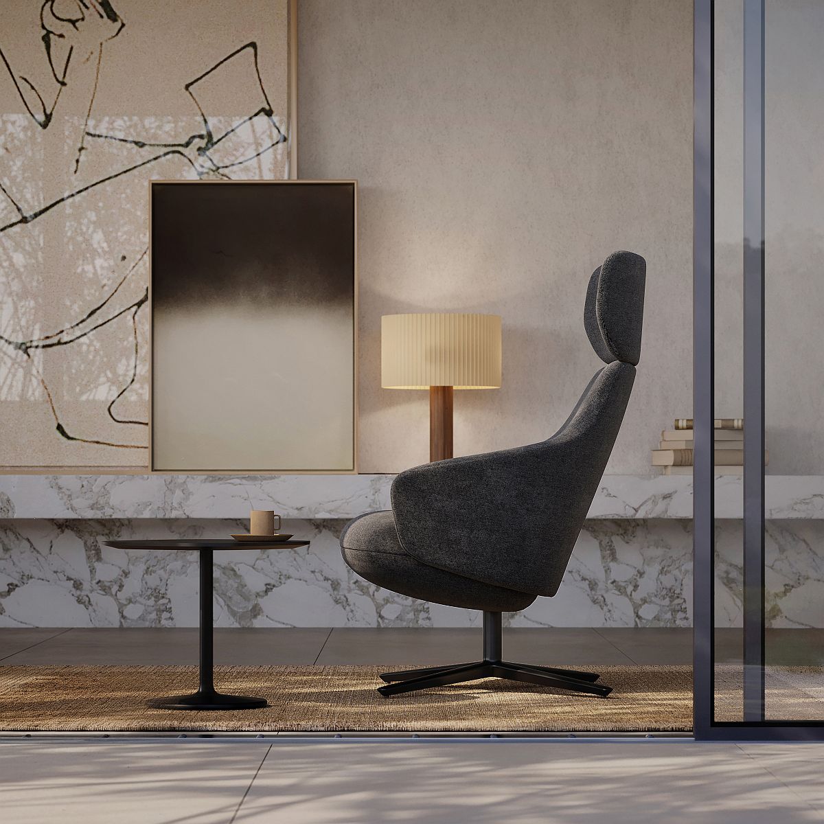 Grauer Calma Lounge Chair Sessel von Andreu World mit drehbarem Fuß und hoher Rückenlehne.