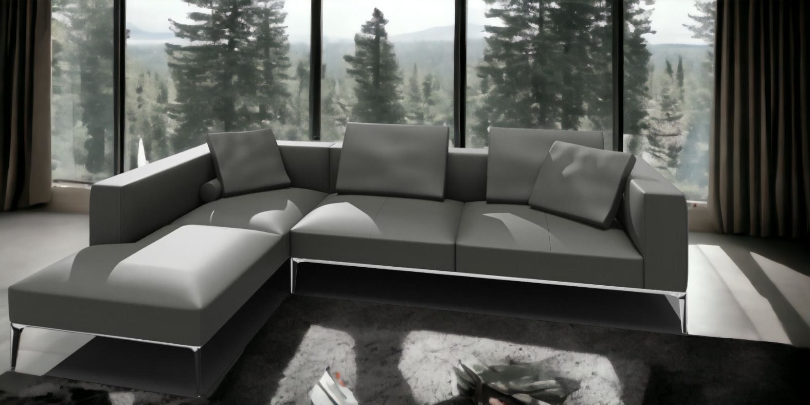 Jaan Living Sofa: Elegantes 3-Sitzer Ledersofa in Taupe mit Kissen und Komfortrollen.