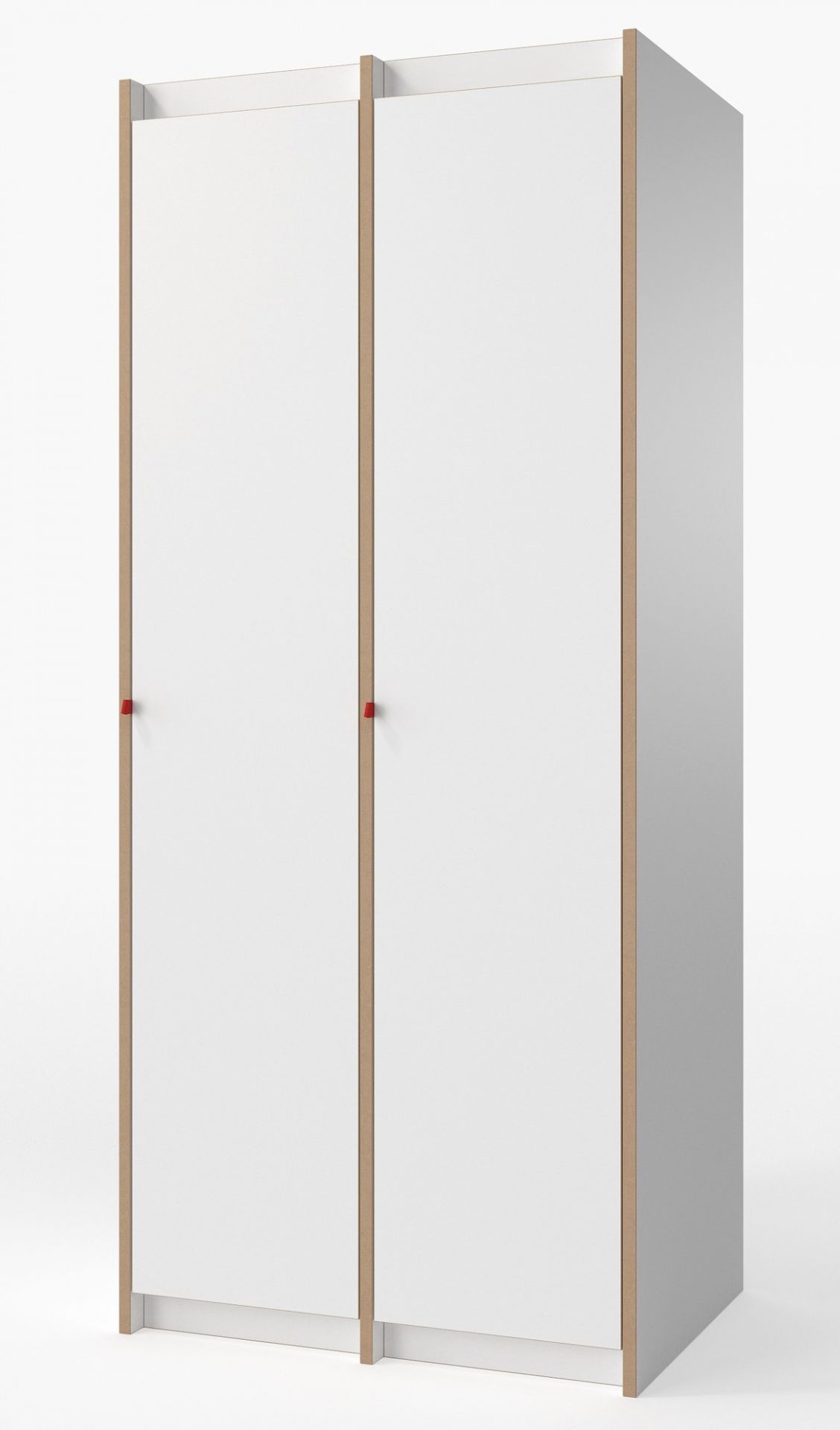 Tojo Steh Schrank Anbaumodul, weißer Kleiderschrank mit zwei Türen und roten Griffen, modernes Schranksystem.