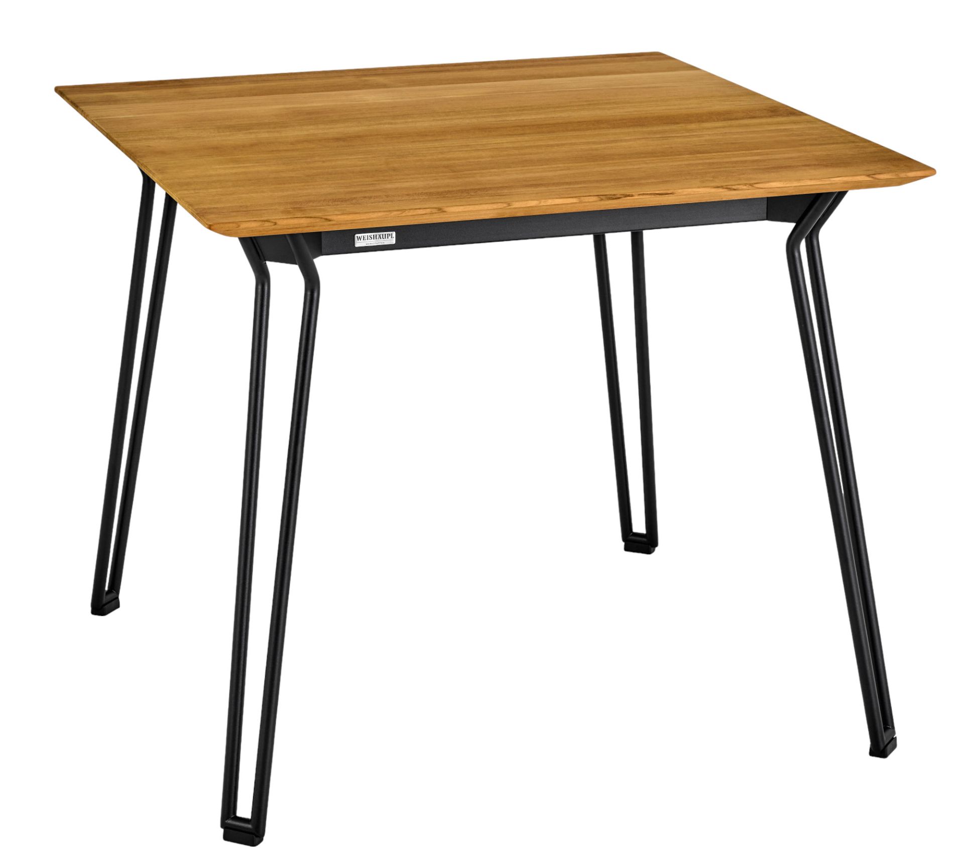 Quadratischer Weishäupl Slope Tisch für den Außenbereich mit Holzplatte und schwarzen Beinen.