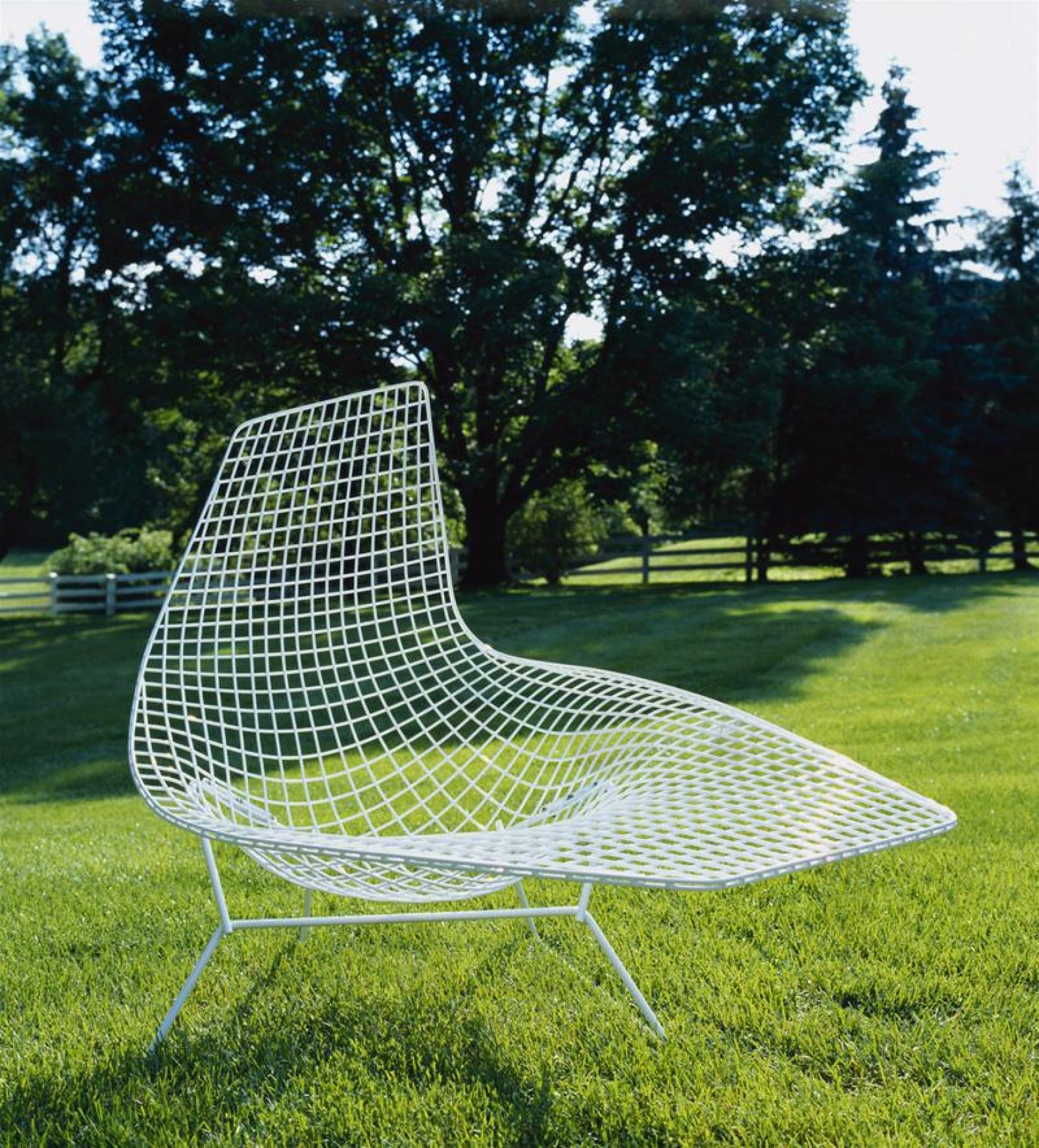 Weißer Bertoia Liegesessel von Knoll International für den Außenbereich auf grünem Rasen. Design Gartenmöbel.