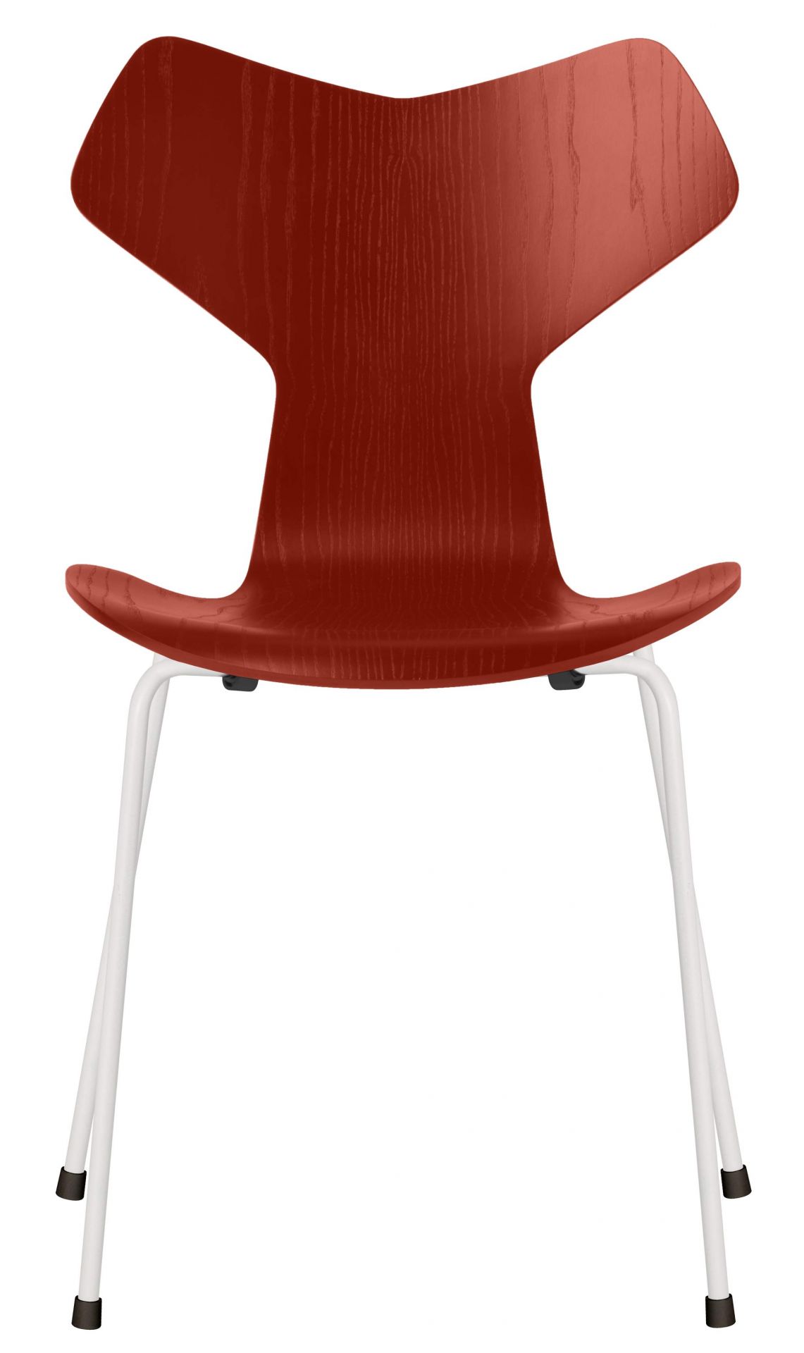 Grand Prix Stuhl von Fritz Hansen, rote Holzschale mit Maserung und weißem Stahlgestell.