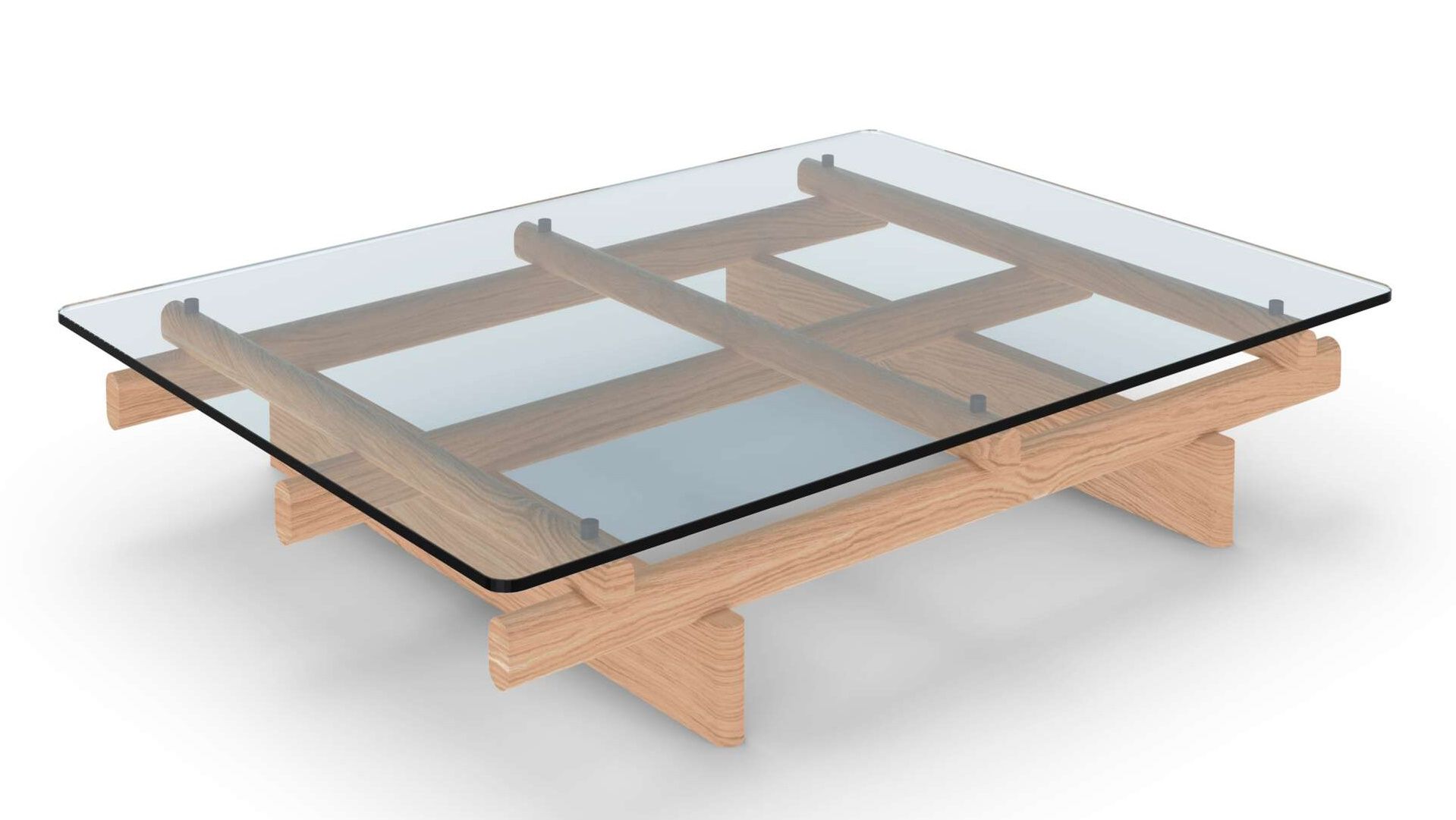 Cassina Couchtisch Sengu Coffee Table mit Glasplatte und hellem Holzgestell, modernes Wohnzimmer Design.