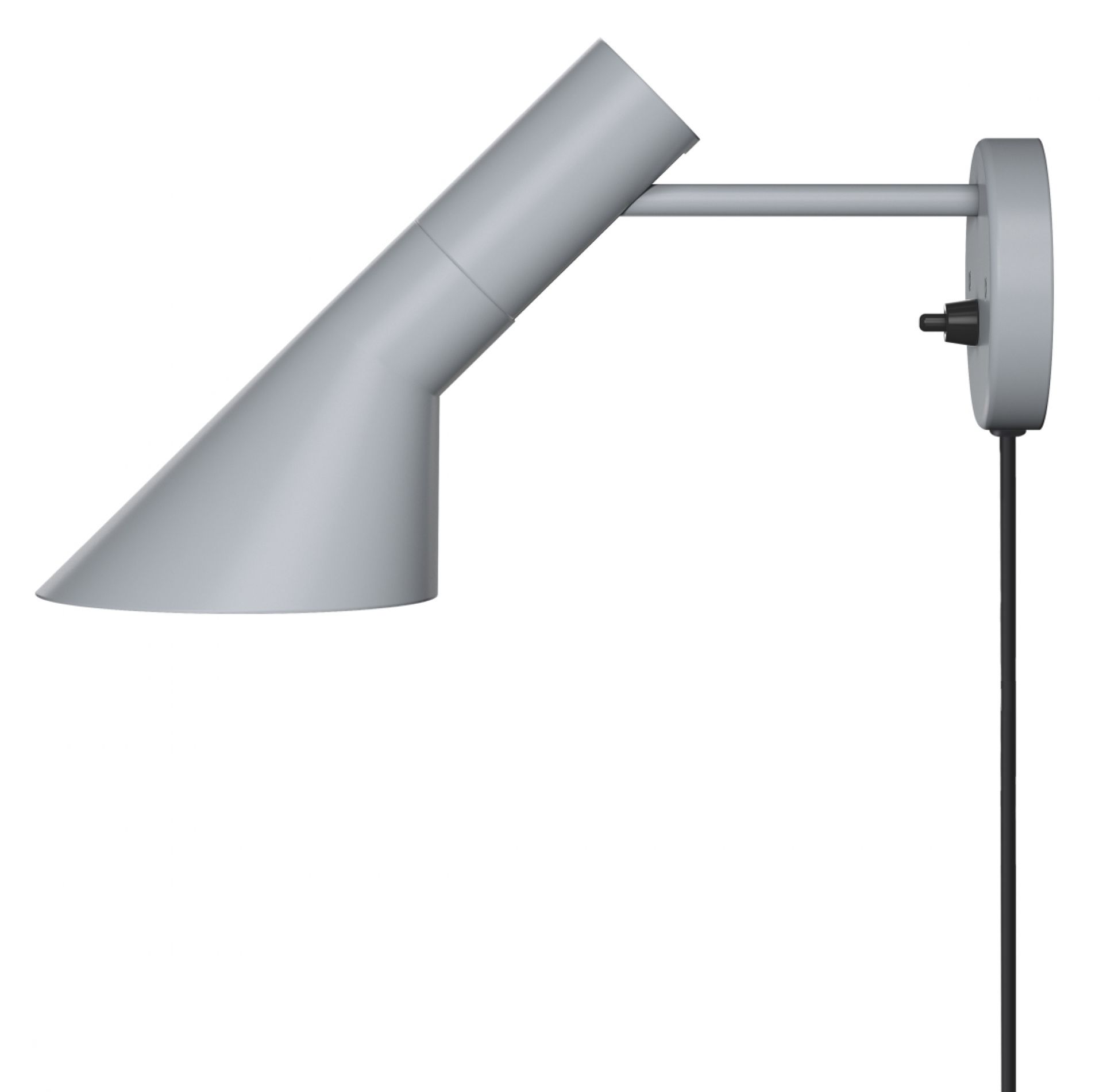 Graue AJ Wandleuchte von Louis Poulsen, modernes Design mit schwenkbarem Leuchtenkopf und schwarzem Kabel.