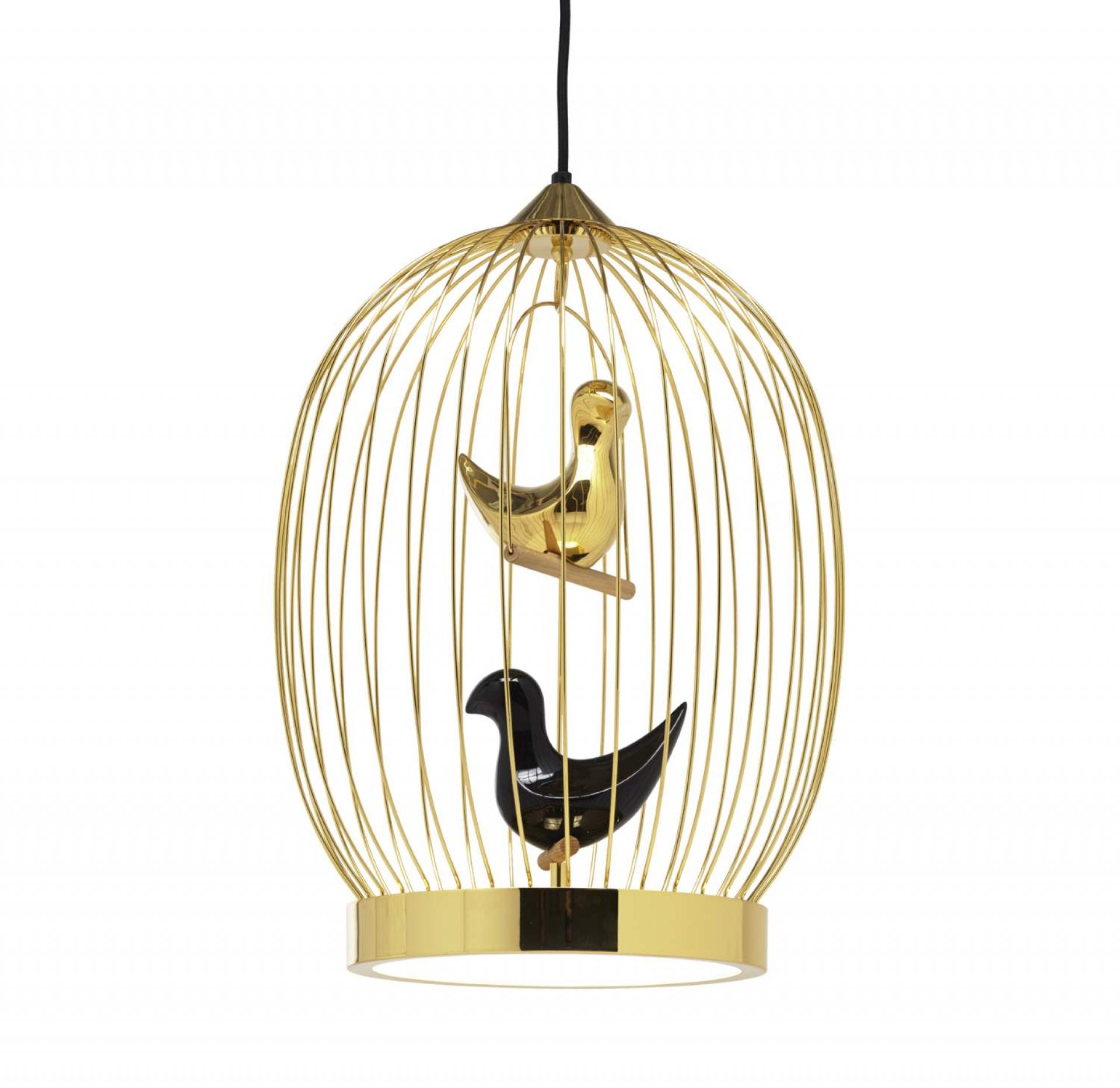 Twee T. Hängeleuchte von Casamania Horm: Goldener Käfig mit schwarzem und goldenem Vogel.